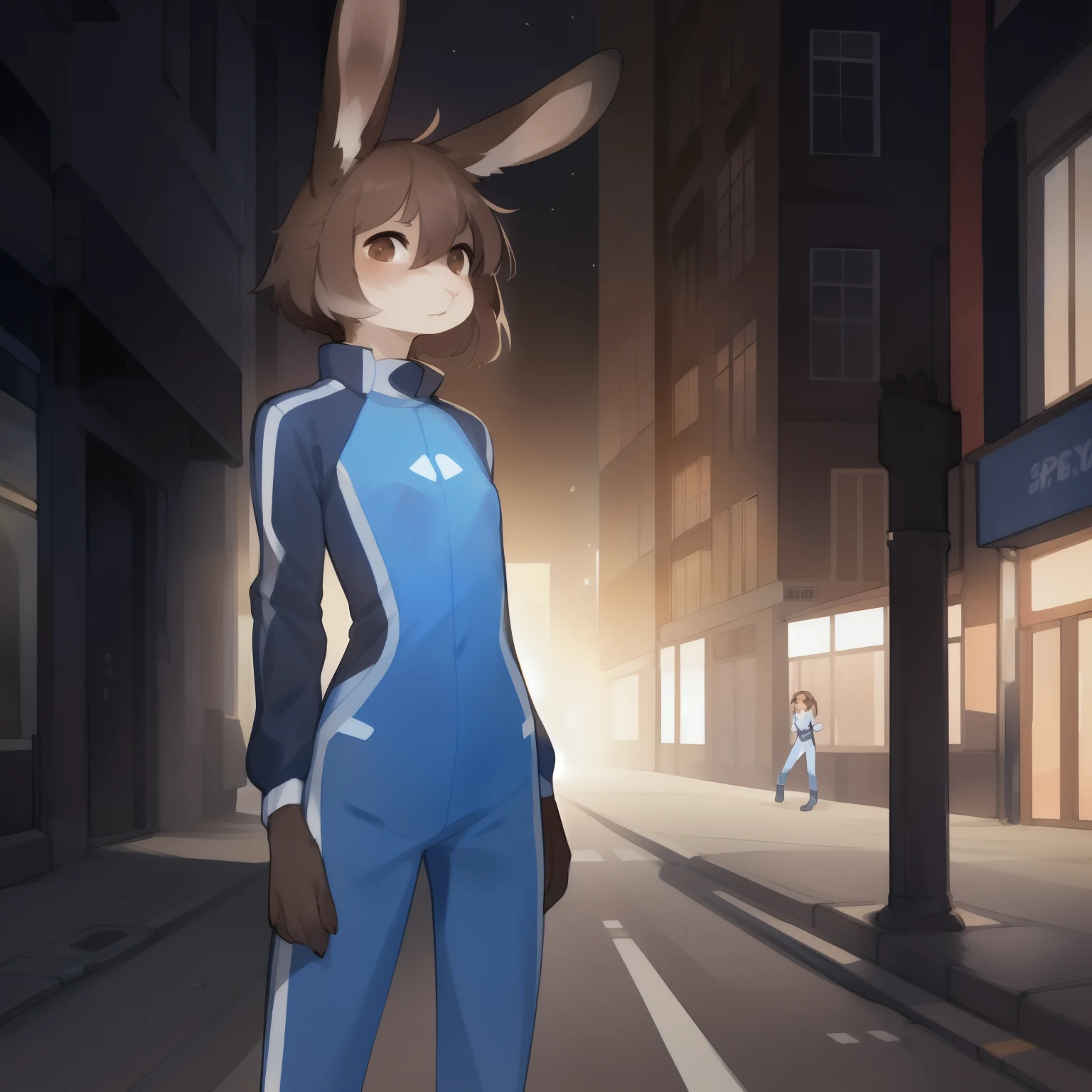 Solo, standing, female, ((rabbit, hare, hair, snout)), by bebebebebe, by spuydjeks, (small breasts), street, (((dark brown fur))), slim, skinny, small waist, fur pattern, blue military spacesuit