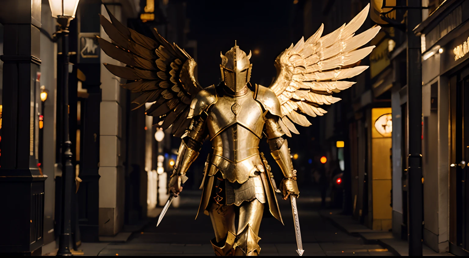 Knight in all-golden armor with huge angel wings with sword and shield made of words walking through the streets of a city defeating Satan and demons