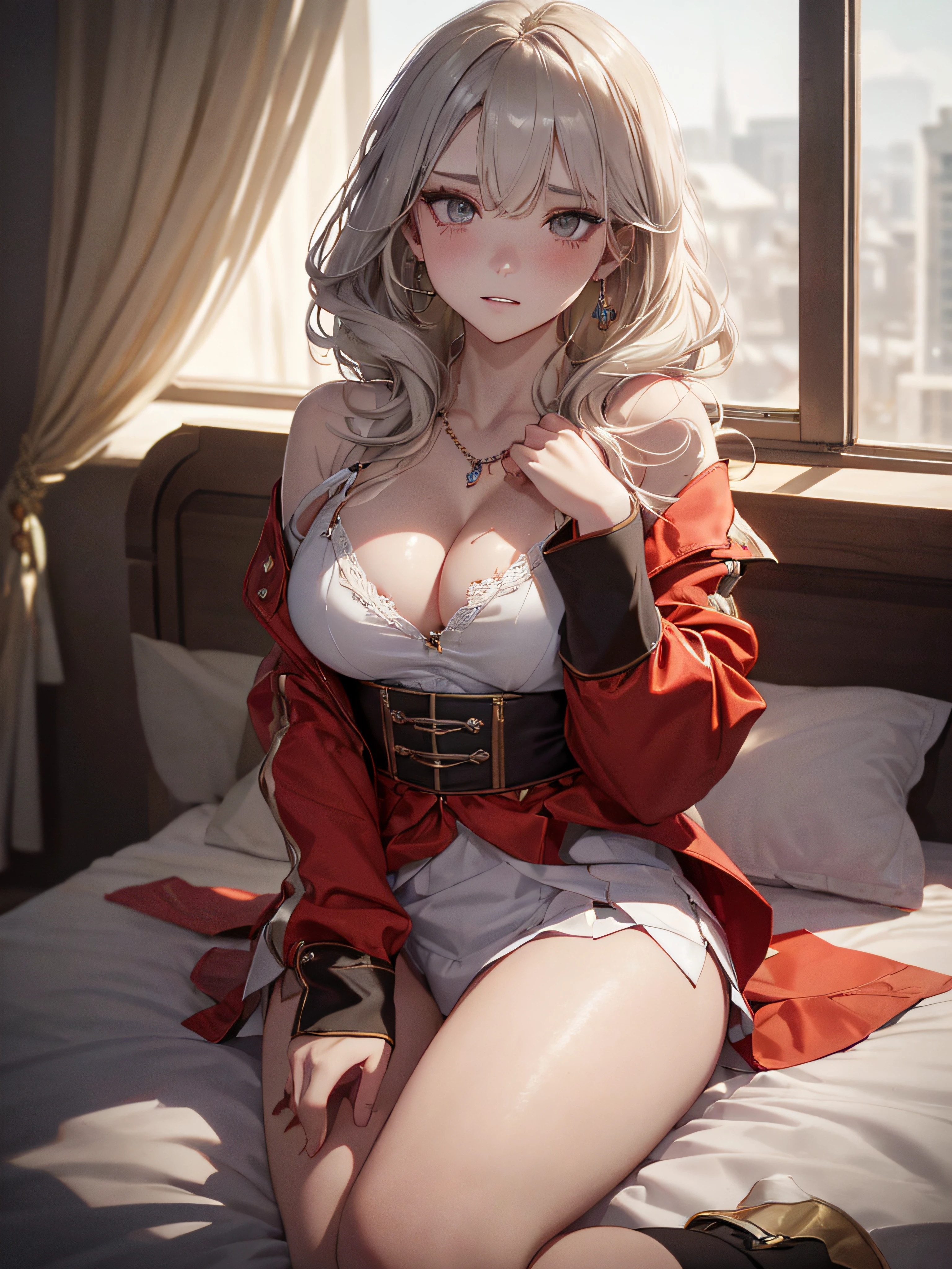 (masutepiece: 1.3), (max resolution: 1.2), (Ultra HDTV: 1.2), cinematric light, 8K resolution, Detailed eyes and skin, detailed facial features, , (Sharp Focus: 1.2), (Focus on Face:1.2),Perfect Style, Beautiful face, acurate, Anatomically correct, Highly detailed face and skin texture, Detailed eyes, Double eyelids, Thin eyebrows, Glitter Eyeliner: 1 Natural cheeks, Glossy skin, Fair skin: 1.2, (Glossy lips: 1.4),、 (Shy look: 1.2),Highly detailed facial and skin texture, Detailed eyes, Double eyelids, Natural cheeks, , shiny lips: 1.4,Exposed cleavage、(A large amount of sperm in the chest:1.4)(Large amount of sperm in the thighs:1.2)、 Full body like、dismay、red blush、(embarrassed from:2.0)、glares、 shiny little necklace and earrings, shiny lips: 1.4, humiliated、impatience、dismay、(Frightened:1.8)、glares、Soft breasts、cleavage of the breast、Sperm taken、hiding chest with hands、hide crotch with hands、lift up one's skirt、red blush、embarrassed from、I see underwear、Open knees、open one's legs、Masturbation behavior、Disheveled clothes、Dressing、White blouses、Stockings、Wearing sweat、Neat and clean woman,22 years old, 1 persons、(Dark blue suit: 1.8),(tight skirts:1.8)、Masturbation behavior、sexual excitement、pony-tail hair, bangs flowing diagonally,、a blond、White-silver hair、Brown hair、Blue-gray eyes、 natta、a bed、hotels room、