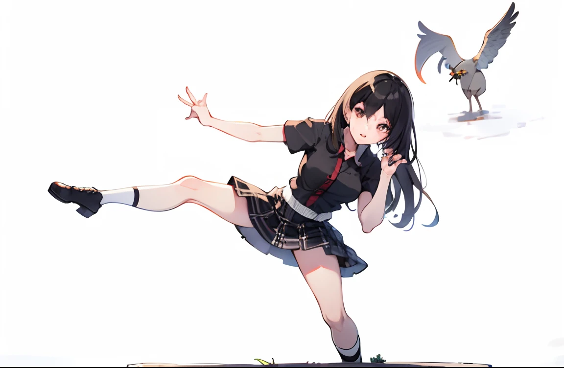 1chica, hermosa, cabello negro, ojos rojos, camisa negra, Mini Checkered Skirt, pose pegando una patada al aire