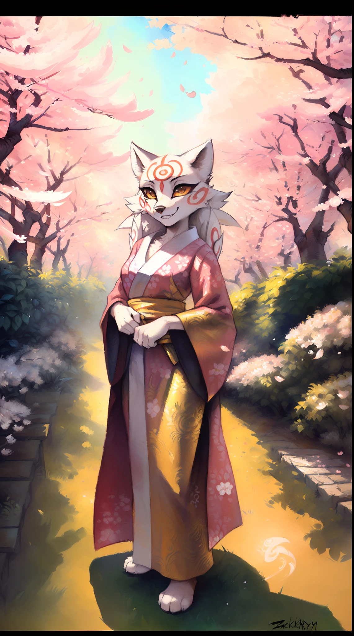uploaded on e621, (((by Zackary911, by Kenket, by Kilinah, by Zackary911))), solo female (((Amaterasu))), wear (((golden armor, pink kimono and traditional Japanese accessories))), standing in a ((((lush garden))), surrounded by (((cherry blossoms))), with rays of sunlight streaming through the ((green foliage))), illuminating her ((radiant smile)))). The artwork should be created using (((traditional Japanese painting techniques))), with (((fine brushstrokes))) capturing every intricate detail of the girl's face and clothing. The color palette should be (((soft and pastel))), with a focus on ((((pink))), ((((gold))), and ((((white))))) to enhance the feminine and elegant atmosphere. The lighting should emphasize the girl's beauty, casting (((subtle shadows))) and creating a ((((dreamy))), ethereal ambiance. The overall quality of the image should be (best quality), utilizing (((high-resolution textures))) and (((ultra-detailed rendering))) to create a true masterpiece.