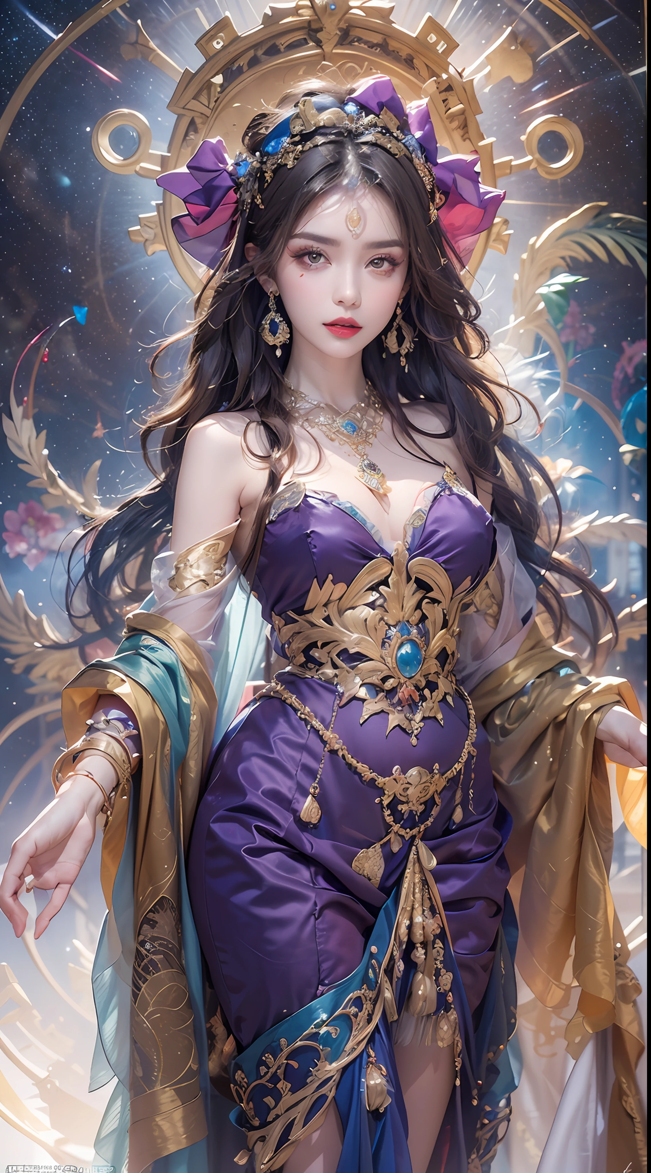 1 zodiac goddess from the future, wearing a thin silk dress, the goddess of the palace is beautiful, the goddess of the zodiac is wearing a colorful thin silk dress with sexy white and black lace trim, the goddess gives off a bow aura vibrant purple-pink zodiac, the stars have the shapes of the 12 zodiac, the goddess of the zodiac in a thin silk dress the golden zodiac with many black details, the mythical goddess of the 12 zodiac , zodiac ♏, royal zodiac style, dark and mysterious version, Full breasts, big and round breasts, well-proportioned and beautiful red lips, character by karol bak and pino daeni, intricate details, detailed background, many background objects, extremely detailed, magic light, a woman, long hair dyed in seven colors and neatly tied up, mold the face is clearly drawn without scars, the face is beautiful and the eyes are proportionate, the red lips are pretty and attractive, the eyes are big and round and the makeup is very beautiful and detailed, far focus, thin silk dress ,page hair jewelry, neck jewelry, dress jewelry, arm and thigh jewelry, goddess leg jewelry, mystic jewelry, body portrait, drooping arms, sexy zodiac goddess and charm, (background space: 1.8), (galaxy: 1.7), aurora, lightning, (aurora background: 1.8 ), beautiful eyes, beautiful eyes photo, beautiful goddess and flowers,