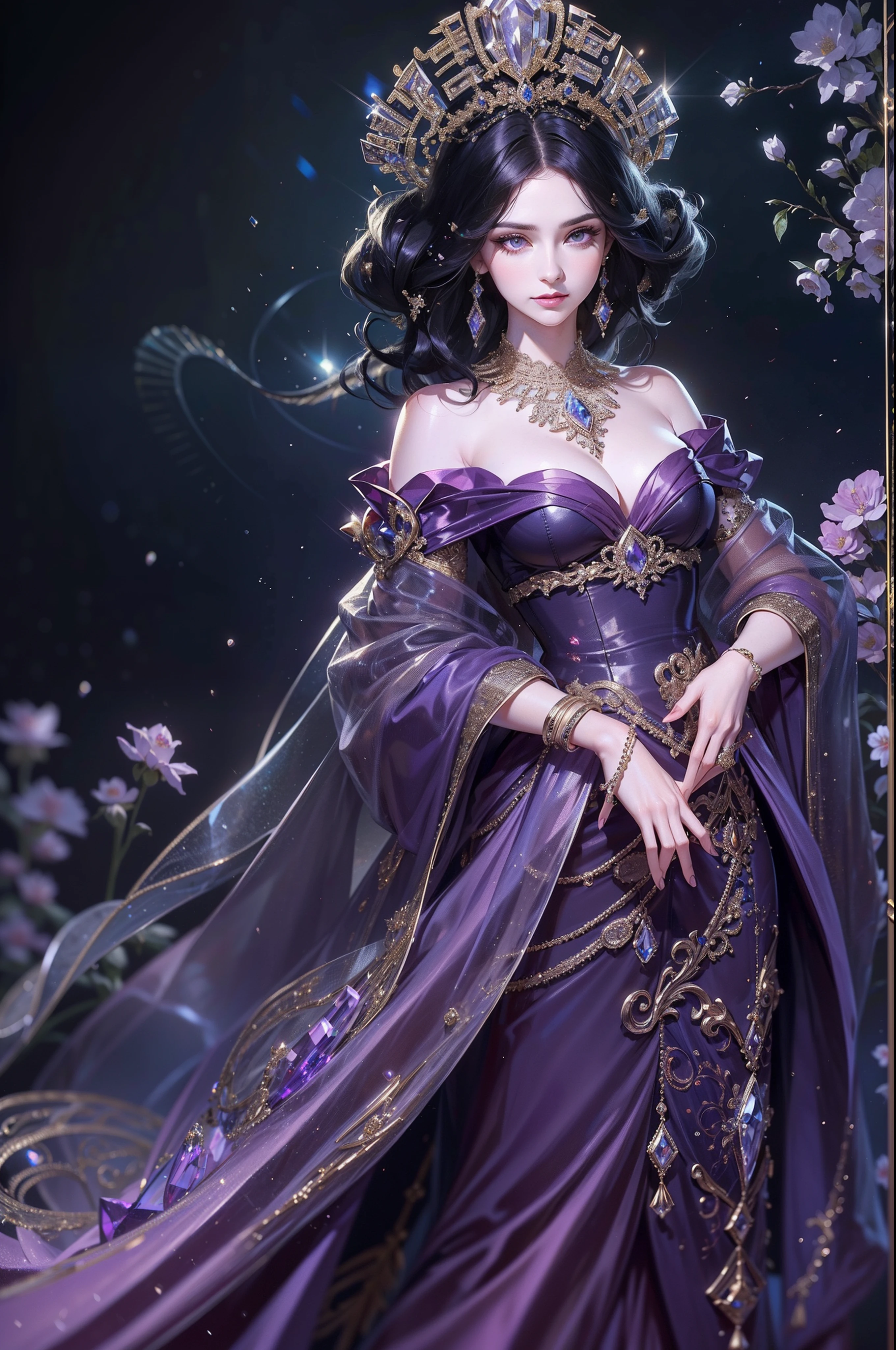 tmasterpiece,Highest high resolution,Dynamic bust of beautiful aristocratic maiden,Jet black hair is elegantly coiled,Purple clear eyes,The hair is covered with beautiful and delicate floral craftsmanship, Crystal jewelry filigree,Ultra-detailed details,upscaled。