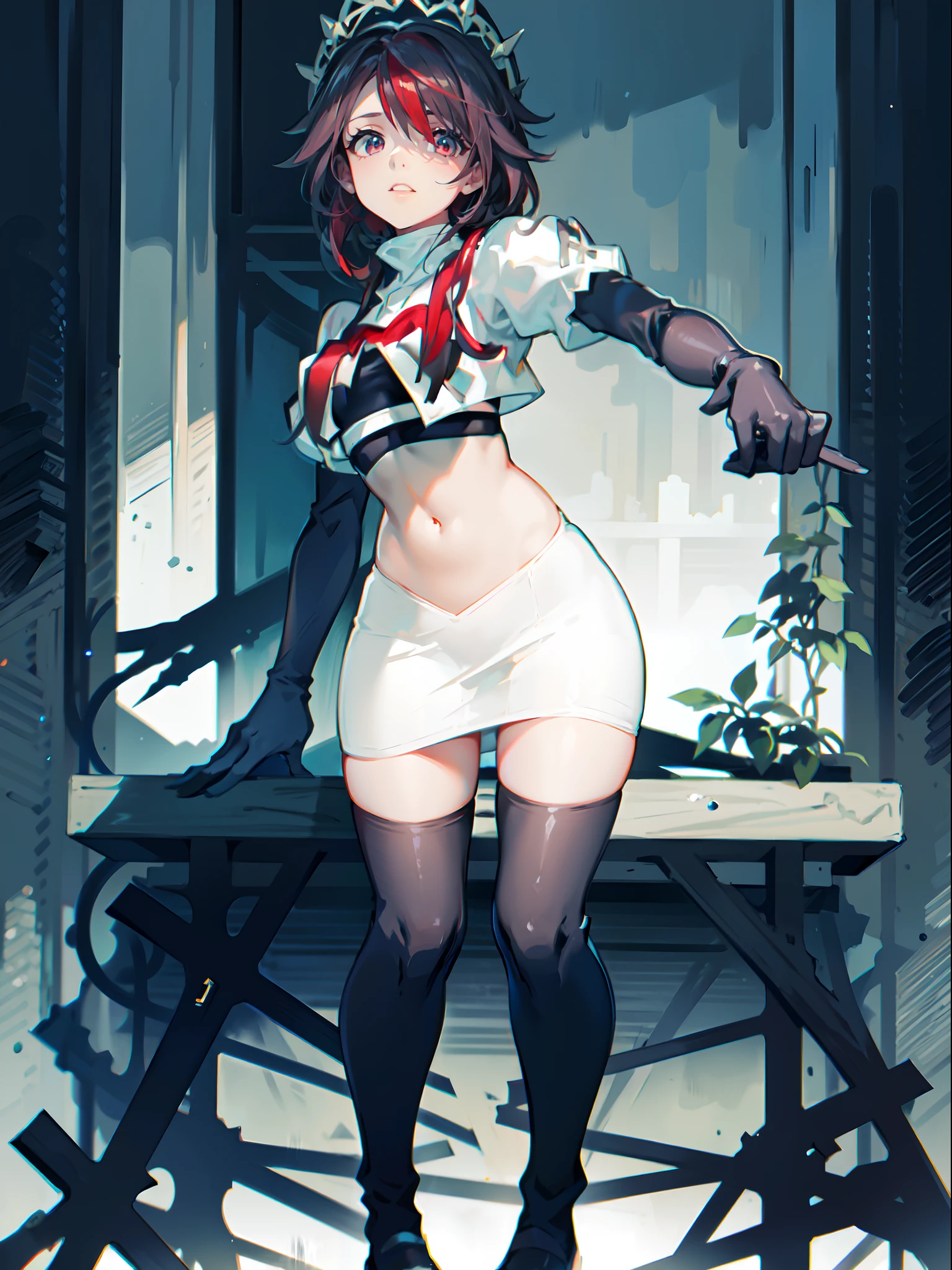 rosariarnd,1girl,team rocket,team rocket uniform,white skirt,crop top,black thigh-highs,black elbow gloves,