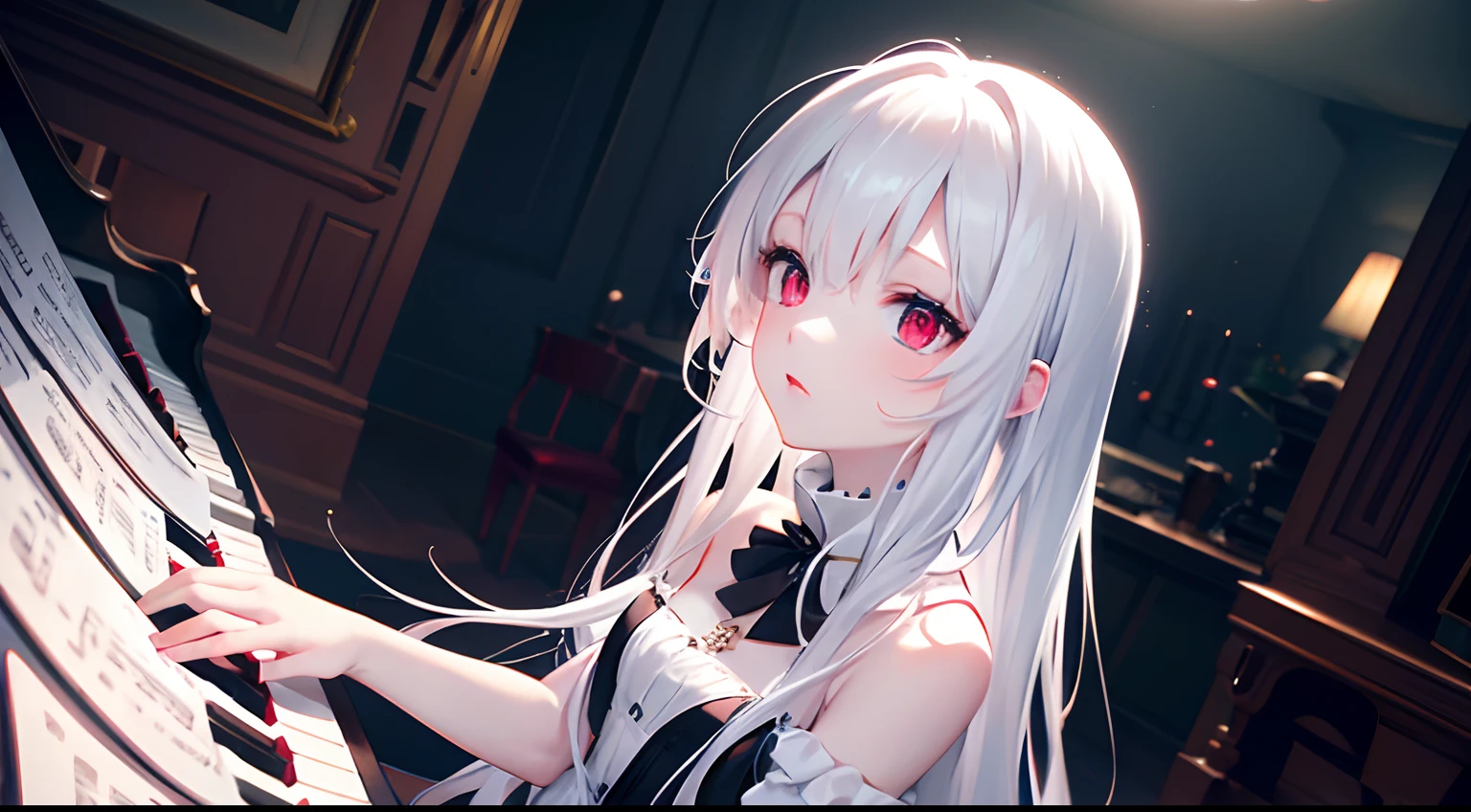 piano. albino girl playing the piano, red eyes, white hair, neon, holographic dress, piano, masterpiece