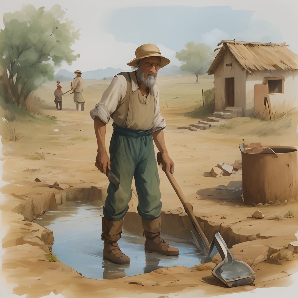 Painting of a man with a shovel standing in a puddle, Directed by: Ivan Lacković Croatia, Velho fazendo trabalho duro, old man, playful peasant man, full-colour illustration, perto de sua casa em Barrel, em uma aldeia, agricultor, Directed by: Gabrijel Jurkić, Directed by: Carlos Francisco Chang Marin, Directed by: Fernando Amorsolo, em uma aldeia em preto e branco.