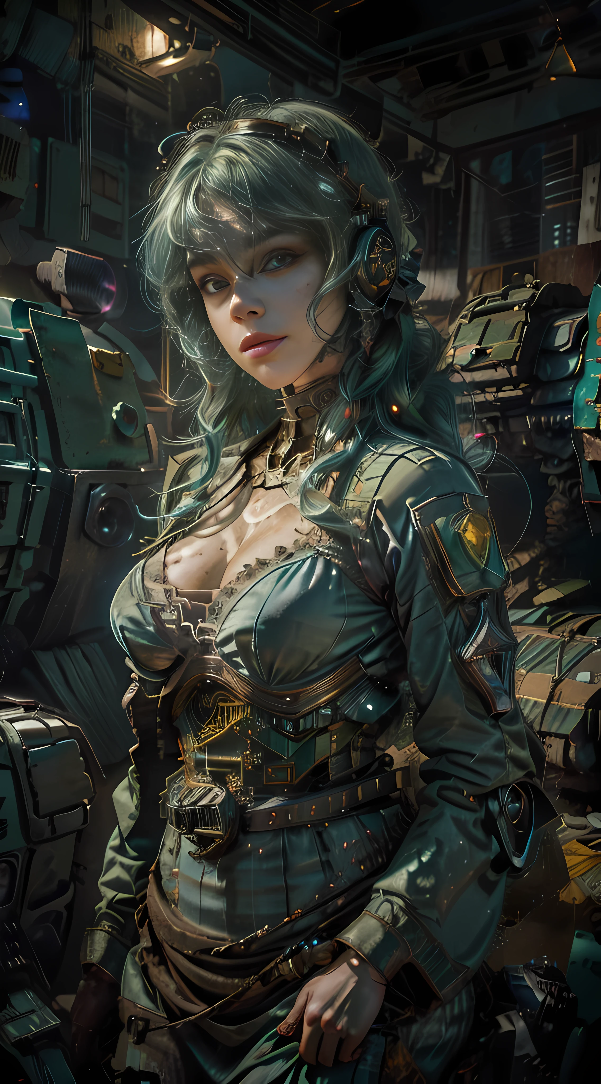 Its 31 century, lost tech, Background inside of mech (bipedal battlemech (battletech style 1.5)) hangar (50 meter high ceiling (1.5)), with 15 meter high battlemech, by the feet of mech is standing 25 years old girl making eye contact. Her name is Daphne Minton, she has big green glowy eyes, freckels on cheeks, slightly rounder face, tired but smiling, pale white skin, long eyelashes, mint green mascara makeup, Light green blue Long curly loose hair (blue 0.5, green 0.5 hair), slim slender figure, small breasts, wear green unzipped long sleeve green jacket, white tank top underneath, medium lenght green tartan skirt to the knees, (realistic:1.5), finely detailed, quality, (best quality), (detailed skin:1.3), (intricate details), rembrandt lighting, view from bellow, (8k, RAW photo, highest quality),(epic realistic:1.5), intricate details, cinematic, dark studio,(hdr:1.5),detailed, looking at viewer