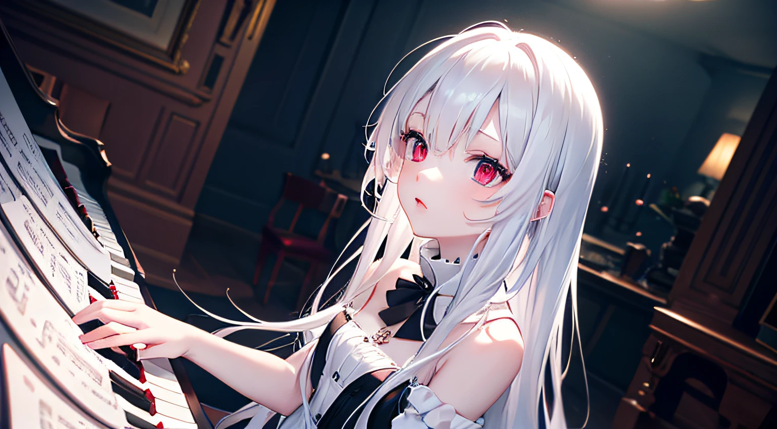 1girl,solo,piano,red flower,flower,dress,sitting,black dress,white hair,red gemstone,petals,long hair,backless outfit,rose,instrument,looking at viewer,gloves,elbow gloves,rose petals,looking back,bangs,multicolored hair,closed mouth,symbol-shaped pupils,black hair,bare back,backless dress,very long hair,red rose,bare shoulders,gem,x-shaped pupils,red eyes,black gloves,back,hair between eyes,streaked hair,breasts,sidelocks,from behind,, masterpiece, best quality