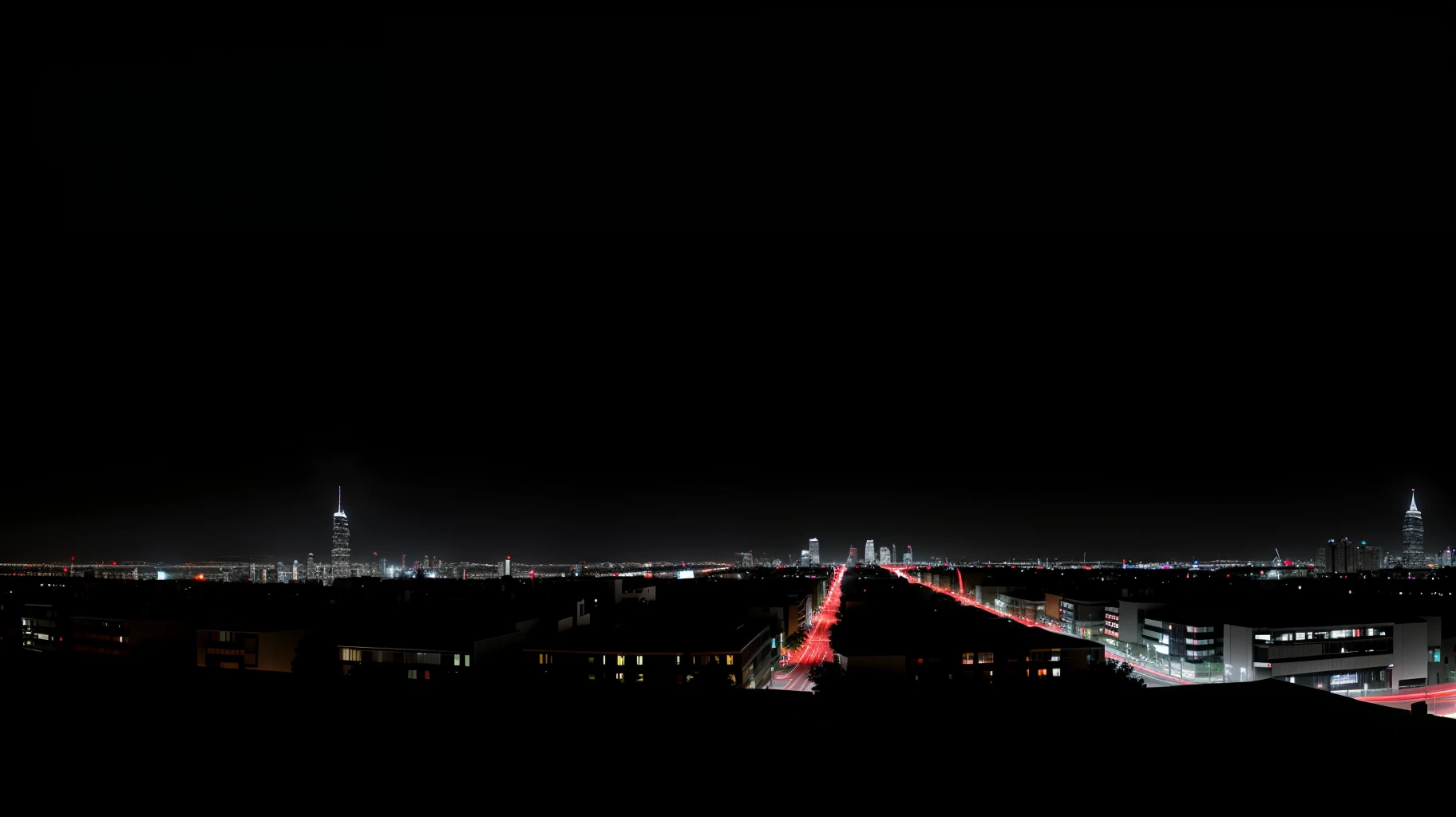 Creates a panorama of a quiet and modern city. Use intense streetlight lighting to highlight the darkness and loneliness of the city. The picture has a dark gray theme and takes place at night.