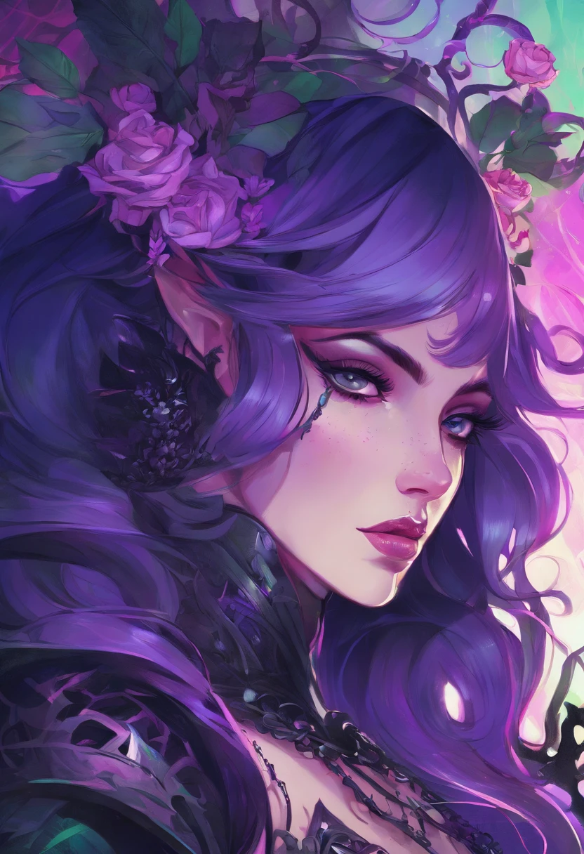 a close up of a man in a costume with purple hair and purple glowing eyes, glowing green pumpkins, lois van baarle and rossdraws, artgerm and lois van baarle, artgerm and rossdraws, rossdraws cartoon vibrant, beautiful succubus, ross tran style, rossdraws 2. 5, inspired by Ross Tran, halloween art style, extremely detailed artgerm