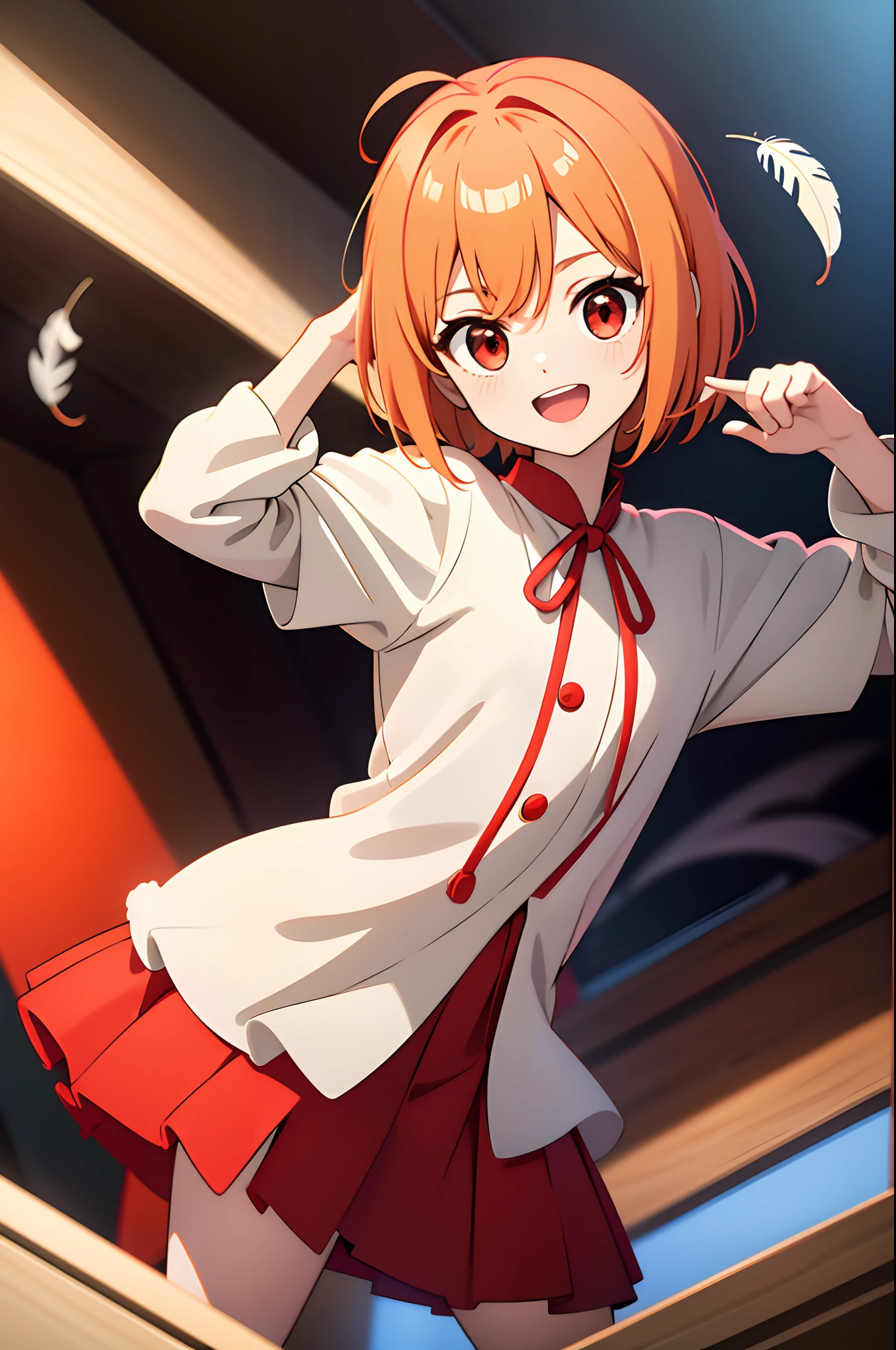 1girl, solo, loli, small girl, light orange hair, short hair, bob cut, messy hair, hair between eyes, ((feather hair accesories)),, red eyes, mono color clothes, red bloomers, red shirt, karate, (fur coated neck), smile, happy, open mouth, upper body, close-up, colorful, color streaked background, masterpiece, illustration, 8k,