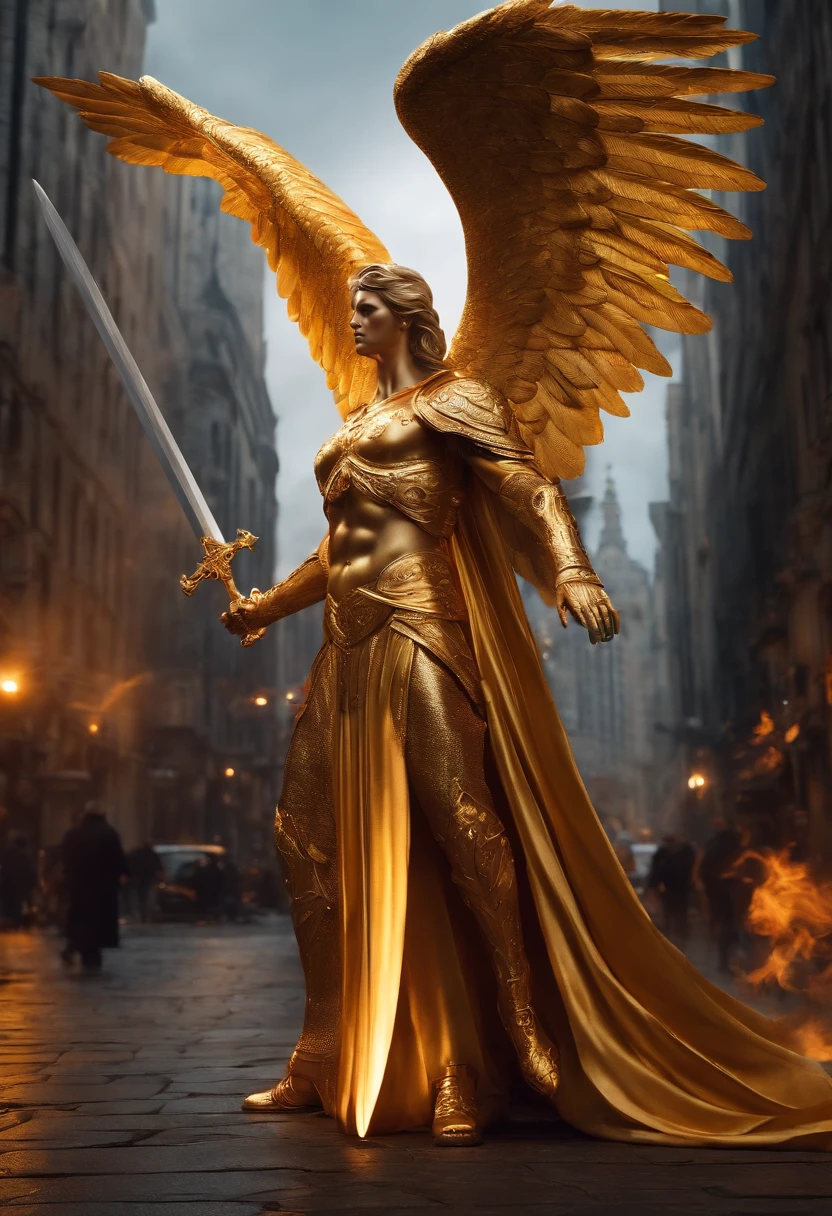 Diablo ultrarrealista: A golden angel with outstretched wings with a flaming sword in his hand, De pie en medio de una ciudad hecha de edificios de oro y plata