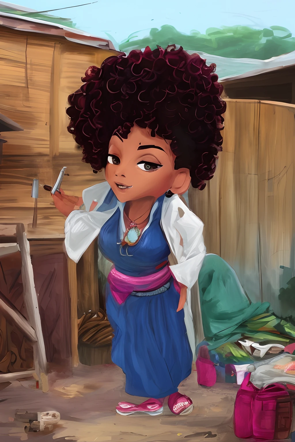 Uma mulher negra com cabelo afro, usando roupas africanas, segurando uma arma, uma favela de fundo, arte estilo Pixar.
