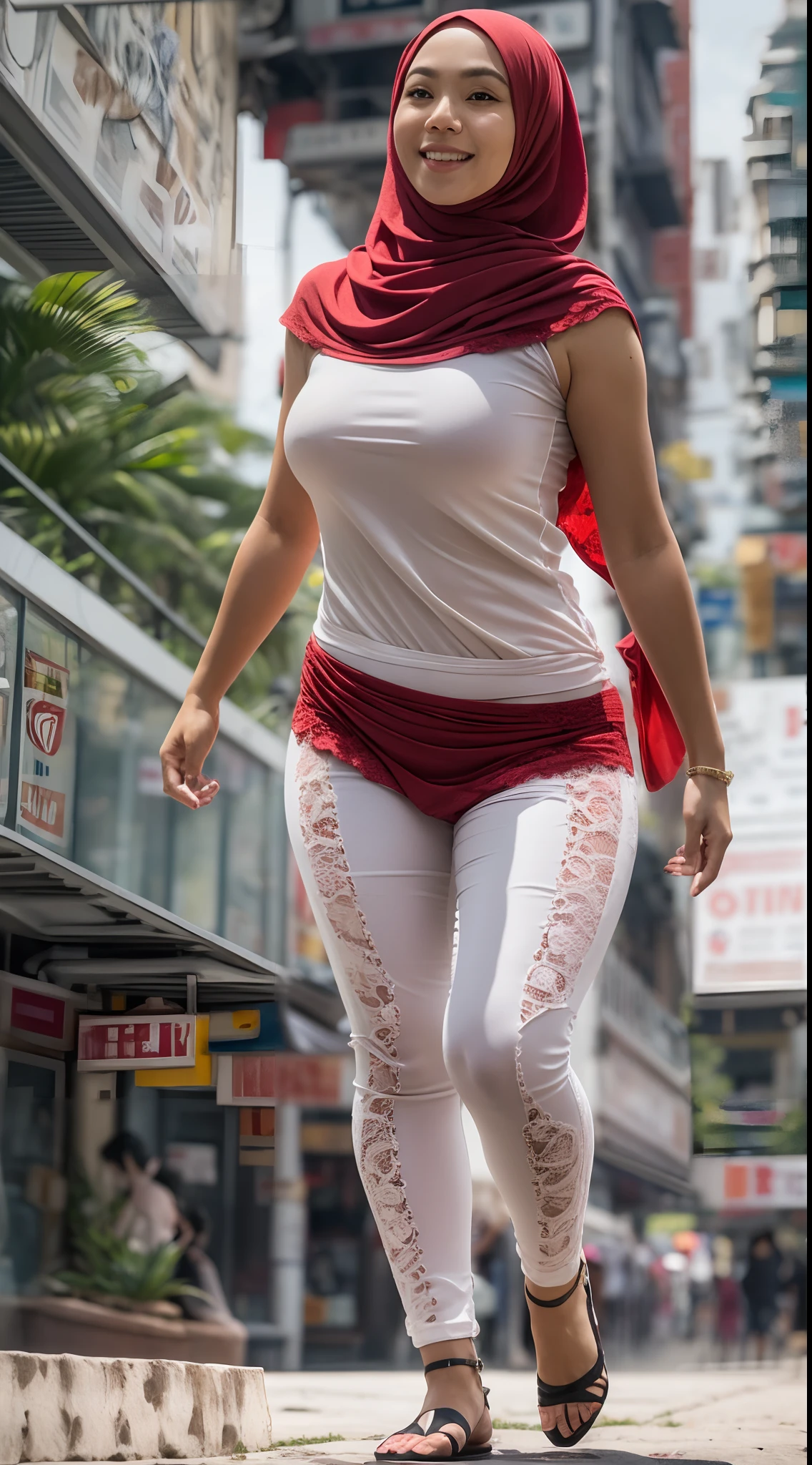 1 malay woman in hijab,((tight white high waist pants and red lace bra)),(Small buttocks),Emphasize ass,big round ass, Smaller chest,Clothes are sheer,Smiling smile, (hijab flying), de pele branca,big breasts thin waist, hongkong style street, Hyper-Realism, Cinematic lighting, depth of fields, From below, from back, vanishing point, F/2.8,  Anatomically correct, Textured skin, Super Detail, awardwinning, Best Quality, hight resolution,