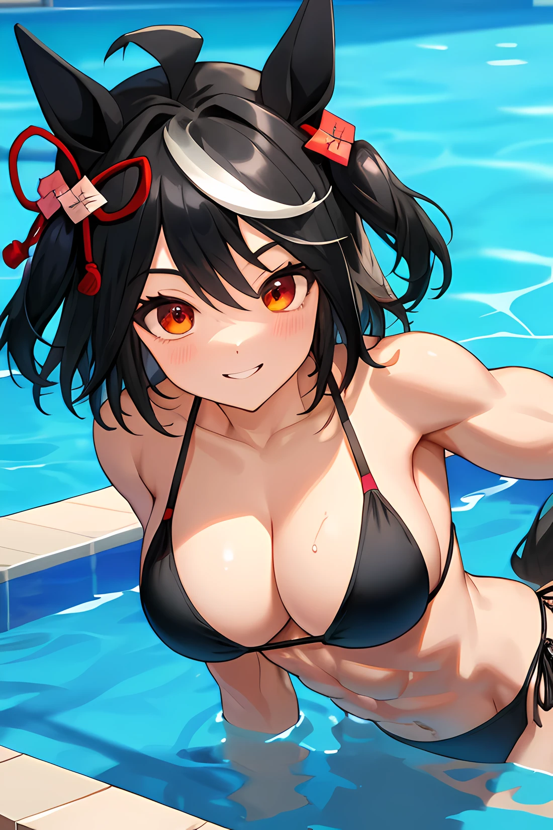 kitasan black \(umamusume\), masterpiece, best quality, (ultra-detailed face), muscular, abs, upper body, plain bikini, horse tail,  detailed clear eyes, frontage,pool, smile, large tits