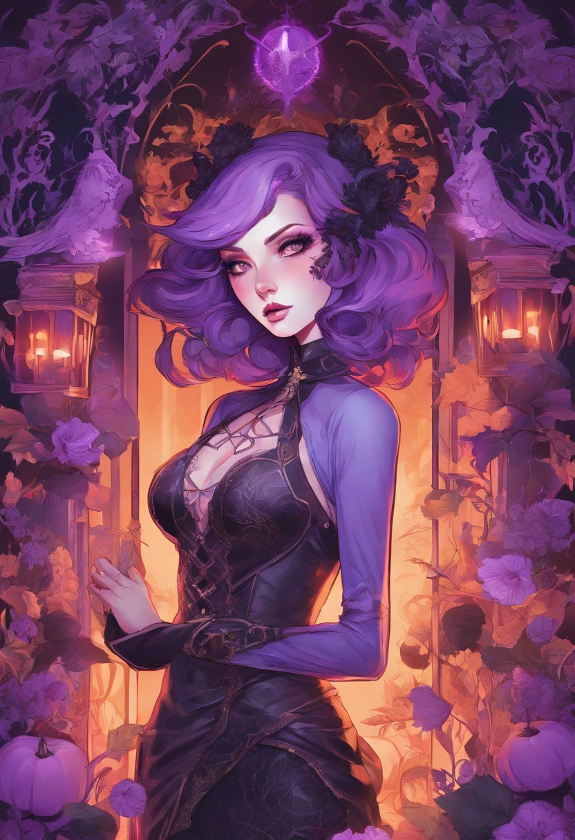 a close up of a man in a costume with purple hair and purple glowing eyes, glowing green pumpkins, lois van baarle and rossdraws, artgerm and lois van baarle, artgerm and rossdraws, rossdraws cartoon vibrant, crossdresser, ross tran style, rossdraws 2. 5, inspired by Ross Tran, halloween art style, extremely detailed artgerm