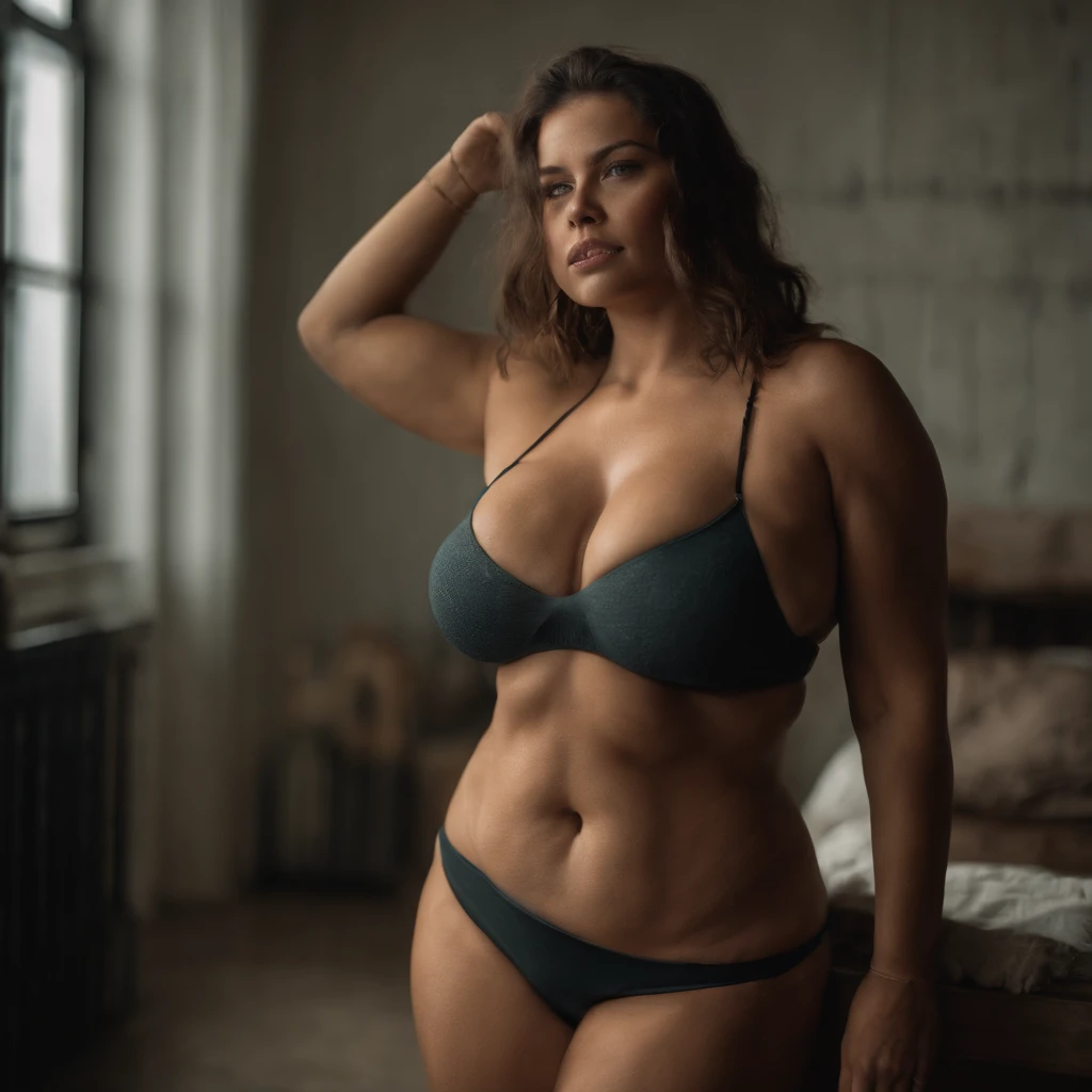 Cute girl wearing a tight bikini, showing her huge massive boobs and her big thick thighs