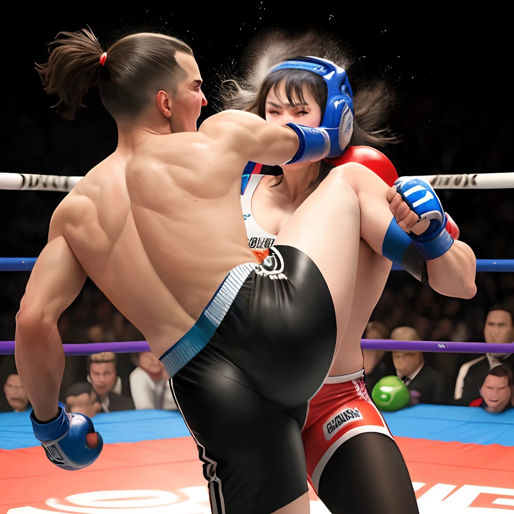 A woman beats a man with a kick