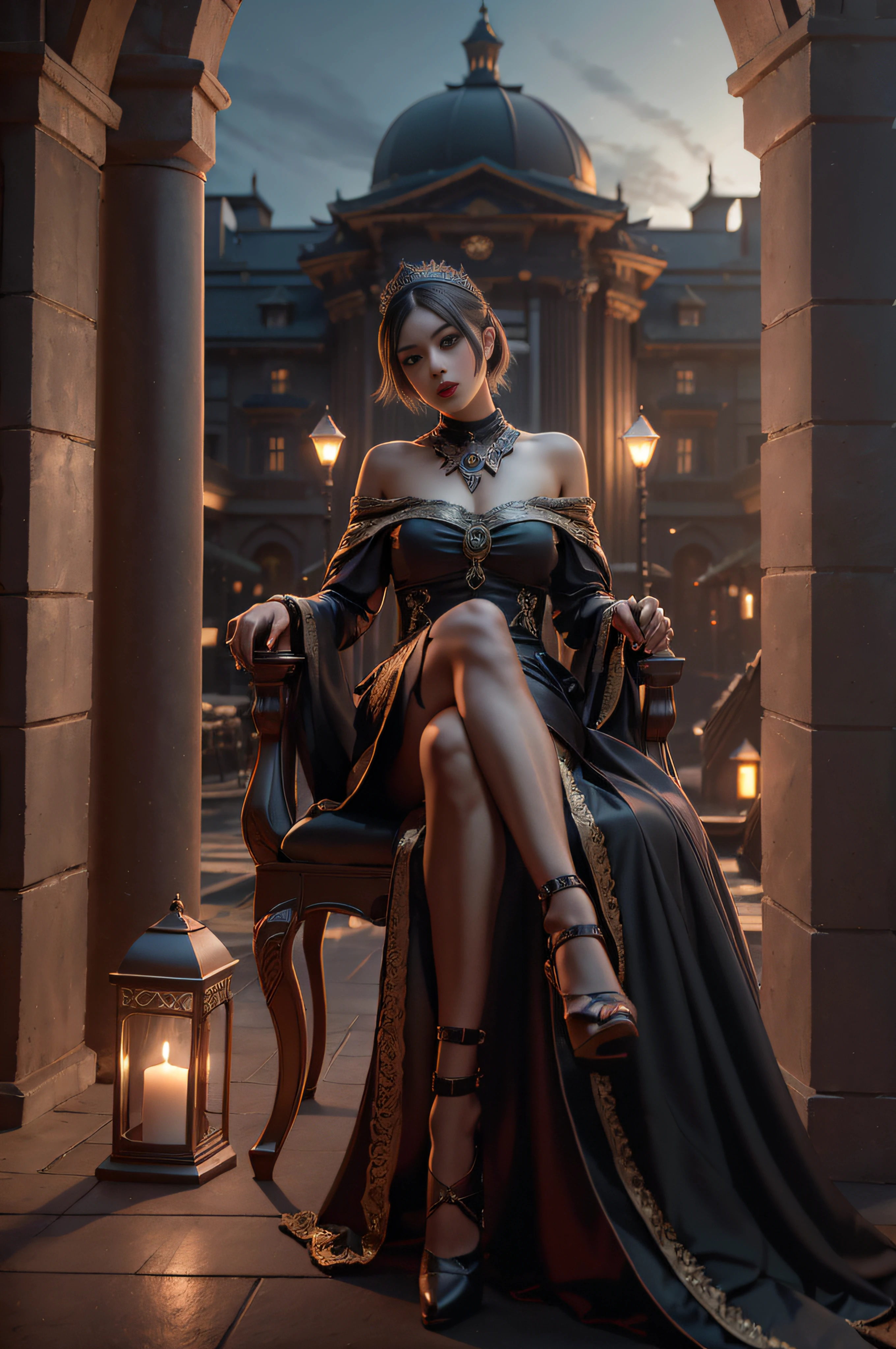 Long hair, dark outdoor background, baroque, dark night environment, gothic art, legs crossed, legs crossed, premium tones, dark style, goddess, caparison cloth, queen, sitting on gorgeous chair, pair of long legs, stocking legs, girl, red lips, 8k, masterpiece, best quality, art book, game_cg, wallpaper, 8k, ultra definition, rtx, octane, (no_light:1), (no shadow: 0.5), flood illumination, glowing eyes, Lips apart, imposing majestic palace background, short hair girl, short hair girl, short hair girl