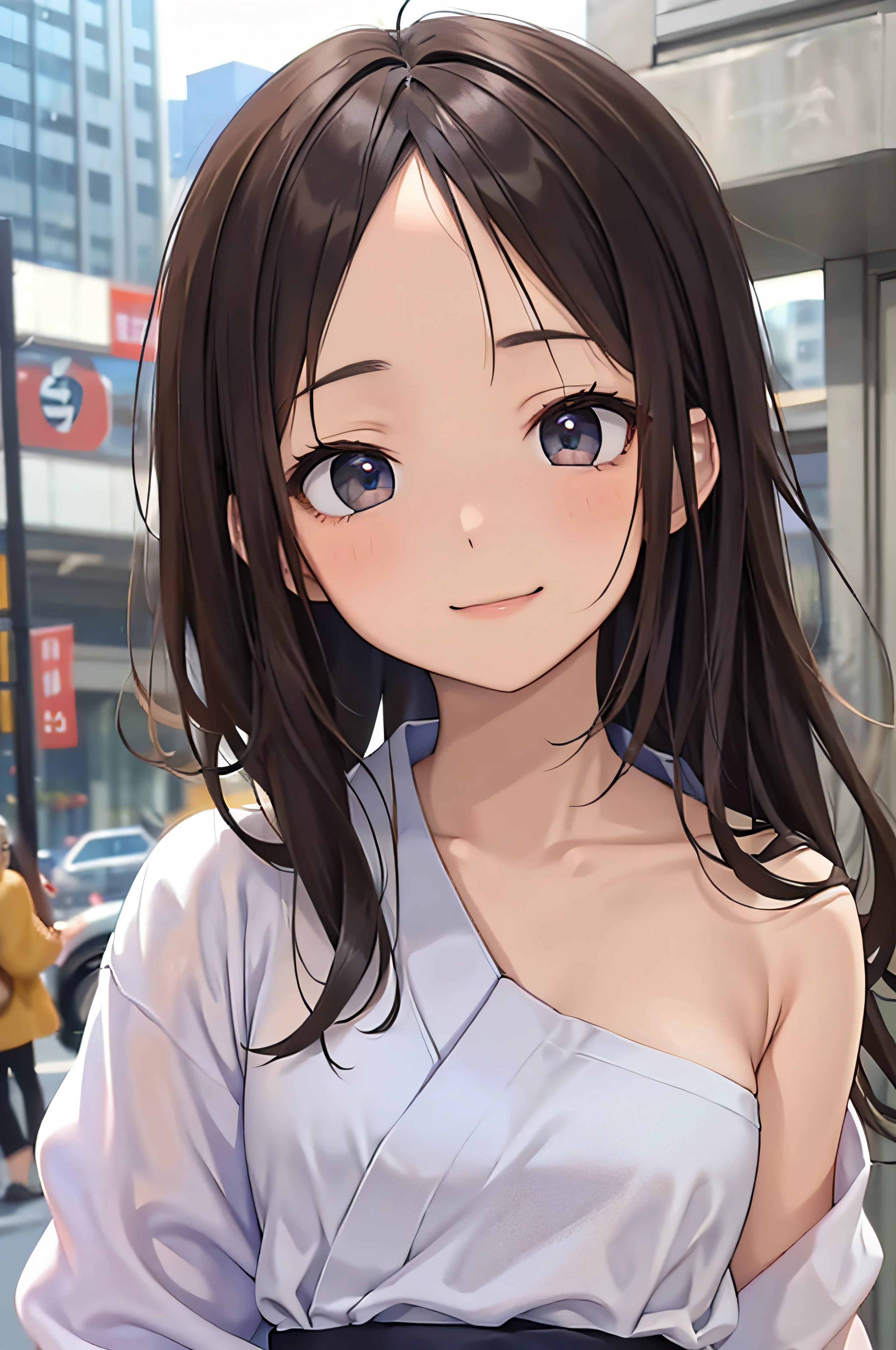 sixteen years old、brown haired、beautidful eyes、real looking skin、small tits、(8K、masterpiece)、(reallistic、Photorealsitic)、top-quality、ighly detailed、The ultra-detailliert、Beautie、cute little、japanes、idol、a smile、Close-up portrait、Healthy face