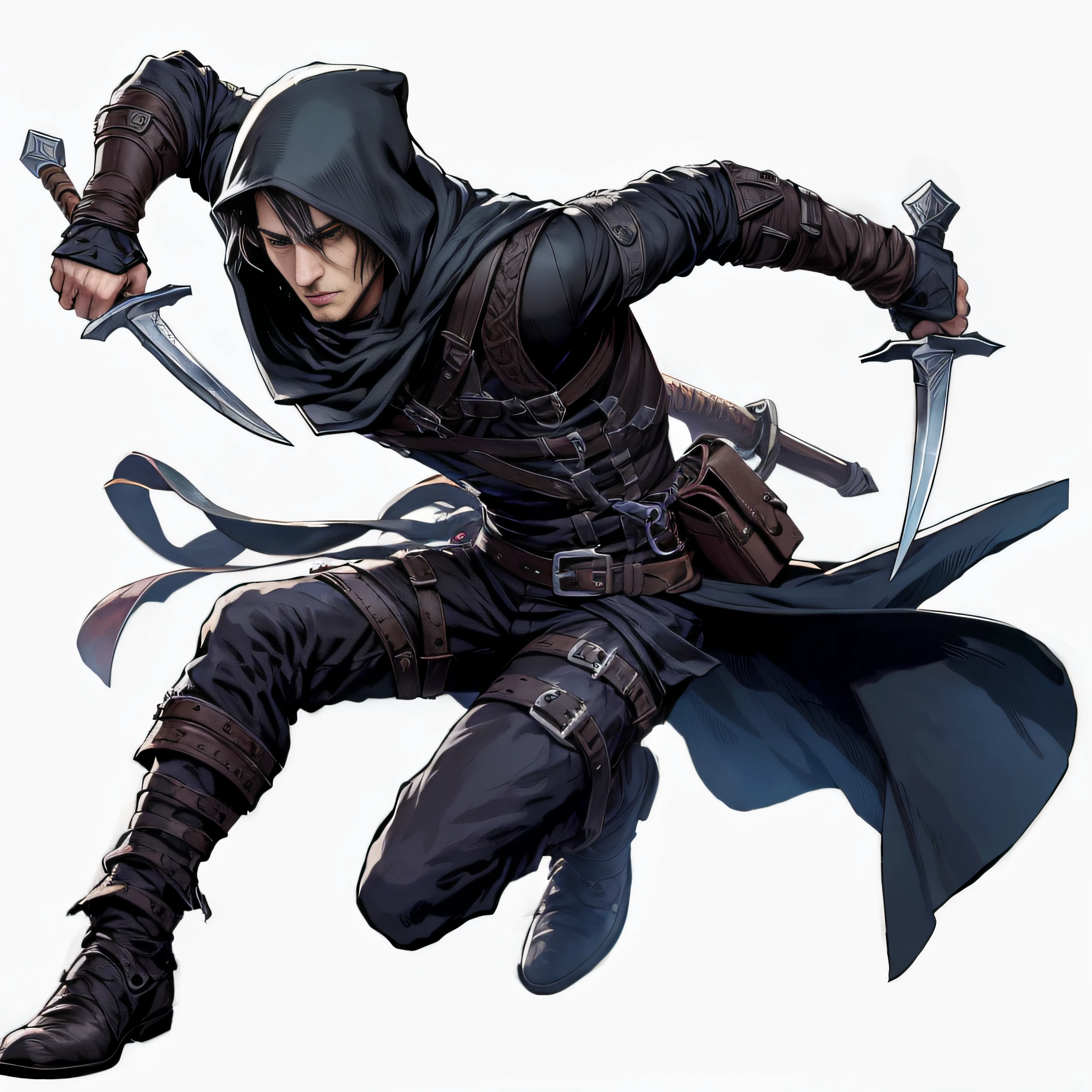 Imagem de um homem com uma roupa encapuzada segurando duas espadas, um assassinoo adolescente ousado, Arte do personagem RPG, thief warrior, Killy da culpa!, Personagem de RPG, assassinoa feminina, Personagem JRPG, assassino, Malandro masculino, steel inquisitor from mistborn, jovem mago das sombras macho, epic fantasy d & D Hobbit Snape, caleb from critical role, An agile and sneaky character, vestido com roupas escuras e carregando adagas afiadas. Ele tem olhos penetrantes e movimentos graciosos. estilo de personagem de RPG, Drawing for Board Game Piece, corpo inteiro, colorido