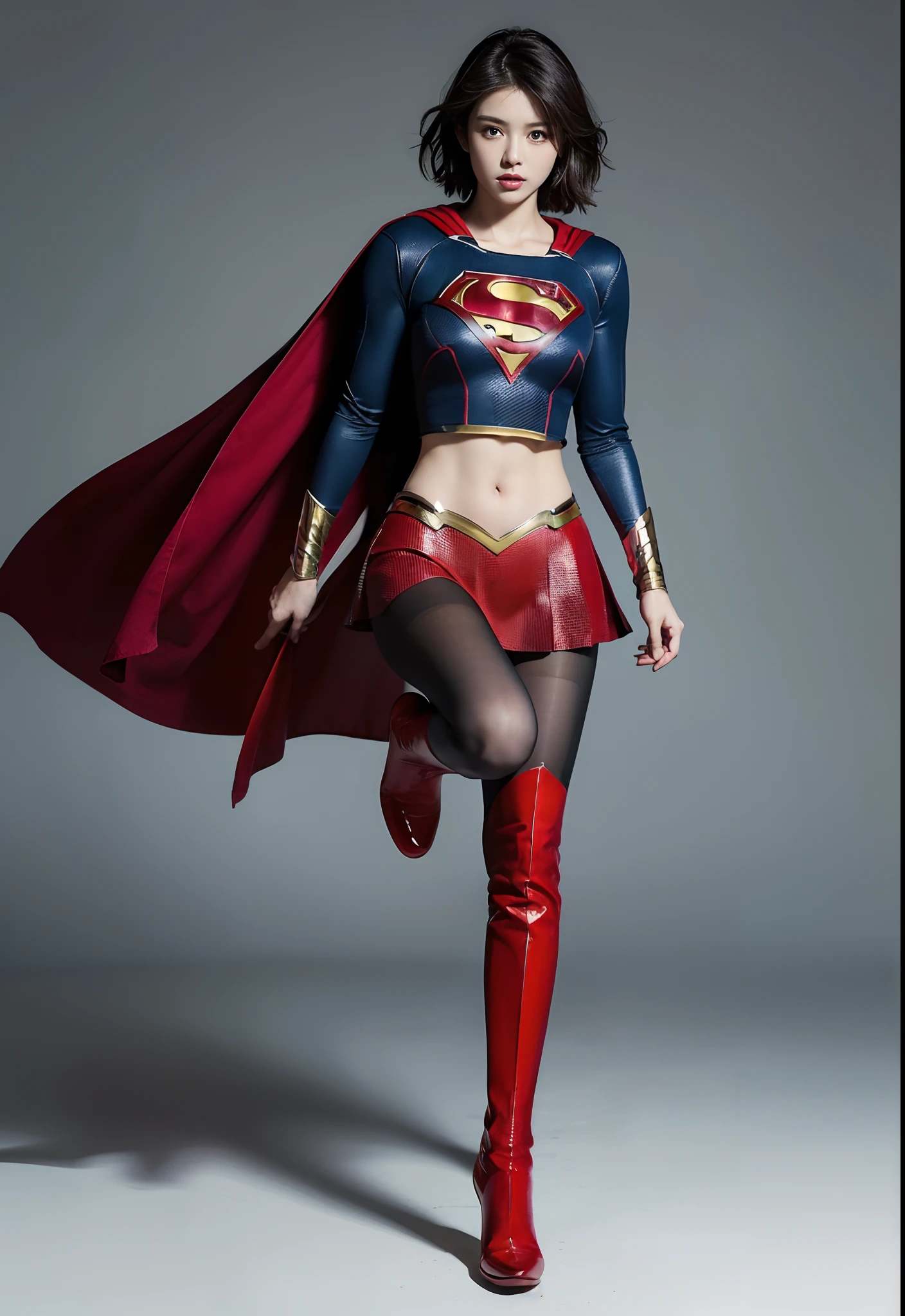 japanes、Cute Beautiful Girl、(((Wear black tights on your beautiful legs.)))、(((beauty legs)))、(((Painful look)))、((((Make the most of the original image)))、(((Supergirl Costume)))、(((Beautiful short hair、The hair)))、(((Suffering)))、(((Feet must necessarily be worn with black tights)))、(((You need to wear red boots)))、((Top image quality、8K))、((top-quality、8K、​masterpiece:1.3))、(((Keep your background simple)))、Crisp focus:1.2、Beautiful woman with perfect body shape:1.4、Slender Abs:1.2、a wet body:1.5、Highly detailed facial and skin texture、8K、Keep your background simple