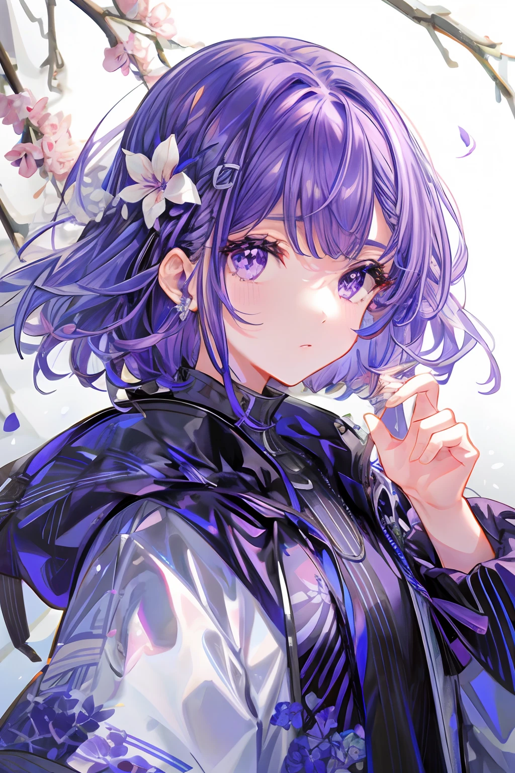 1 girl in、florals、Eyes swaying anxiously、Purple hair、Medium hair、Purple eyes