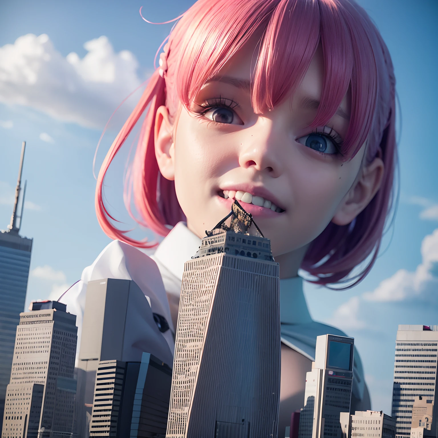 A cruel giantess schoolgirl using a magnifying glass to fire a tiny skyscrapers city, pink hair, school uniform, cruel smiling girl, hyperrealistic 3d digital art, hyperrealistic 3 d digital art, 3 d epic illustrations, 3 d hyper realistic render, mind-bending digital art, destroyed city, photomanipulation, creative photo manipulation