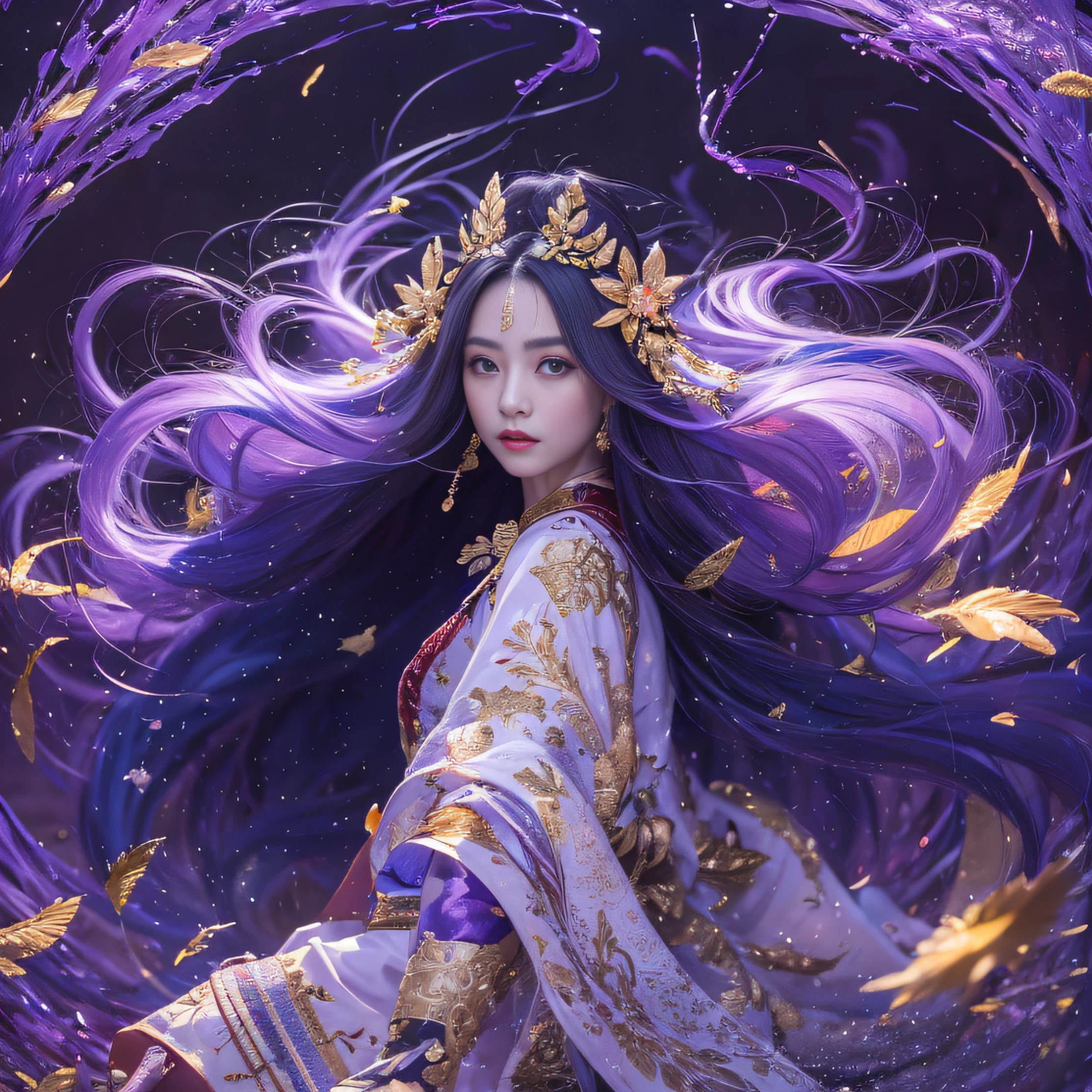 Genki Girl 32K(tmasterpiece,k hd,hyper HD,32K)Long flowing bright purple hair,Autumn Pond,zydink, a color, Asian people (Genki girl), (Silk scarf), Combat posture, looking at the ground, long whitr hair, Floating bright purple, Fire cloud pattern gold tiara, Chinese long-sleeved gold silk garment, (Abstract metaverse splash:1.2), white backgrounid,Lotus Vitality Protector(realisticlying:1.4),Bright purple hair,Smoke on the road,The background is pure, A high resolution, the detail, RAW photogr, Sharp Re, Nikon D850 Film Stock Photo by Jefferies Lee 4 Kodak Portra 400 Camera F1.6 shots, Rich colors, ultra-realistic vivid textures, Dramatic lighting, Unreal Engine Art Station Trend, cinestir 800,A girl with flowing bright purple long hair