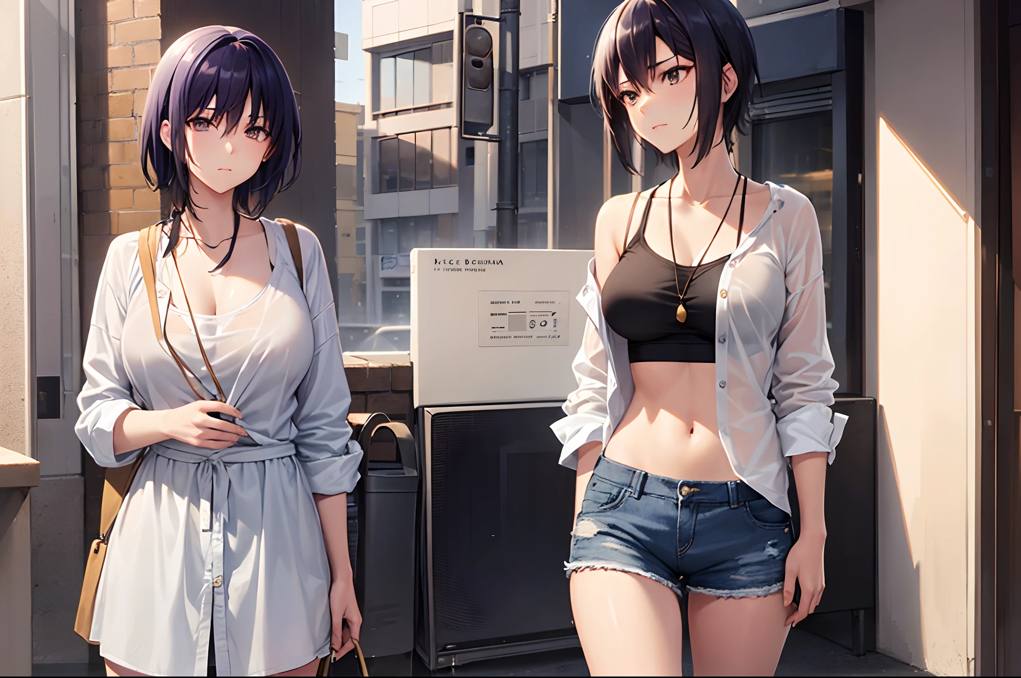 ( 1 girl ), dark blue hair, cool looking woman, short hair, tomboy, mature woman, expressive eyes, (hetero chromaia eyes) , (((perfect female proportions))), (very large breasts), (Open shirt, oversized white shirt), and women tank top, with casual shorts, long legs, skinny legs, slim hips, wear Converse shoes, tomboy, milfication, mature female, casual clothes, (masterpiece) , (best quality) , lonely musician girl, artistic, inspired, golden hour, warm, rain, sad, 💧, luminism, ethereal, Makoto Shinkai, Yuumei, Krenz Cushart