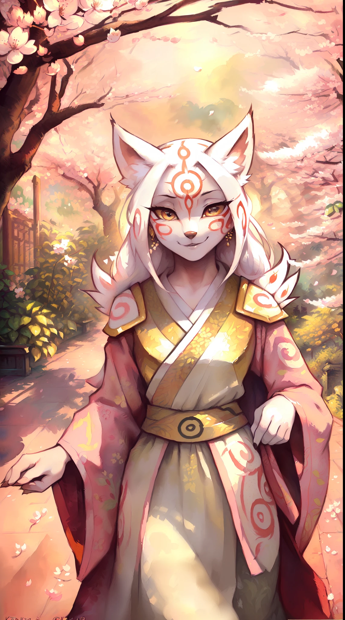 uploaded on e621, (((by Zackary911, by Kenket, by Kilinah, by Zackary911))), solo female (((Amaterasu))), wear (((golden armor, pink kimono and traditional Japanese accessories))), standing in a ((((lush garden))), surrounded by (((cherry blossoms))), with rays of sunlight streaming through the ((green foliage))), illuminating her ((radiant smile)))). The artwork should be created using (((traditional Japanese painting techniques))), with (((fine brushstrokes))) capturing every intricate detail of the girl's face and clothing. The color palette should be (((soft and pastel))), with a focus on ((((pink))), ((((gold))), and ((((white))))) to enhance the feminine and elegant atmosphere. The lighting should emphasize the girl's beauty, casting (((subtle shadows))) and creating a ((((dreamy))), ethereal ambiance. The overall quality of the image should be (best quality), utilizing (((high-resolution textures))) and (((ultra-detailed rendering))) to create a true masterpiece.(best quality,4k,8k,highres,masterpiece:1.2),ultra-detailed,realistic:1.37,portraits,golden hour,hazy lighting,ethereal colors,beautiful detailed eyes,beautiful detailed lips,extremely detailed eyes and face,long eyelashes,flowing hair,serene expression,sunlit garden background,goddess-like ambiance,soft brushstrokes,impressionist style,watercolor texture,glowing divine energy,exquisite details,subtle and delicate features,graceful posture,peaceful atmosphere