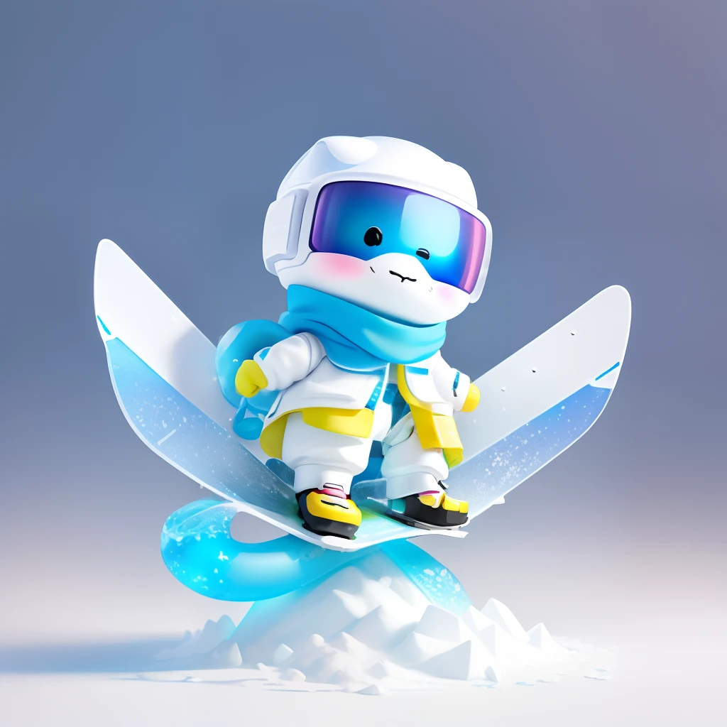 Cute cartoon snake skiing，snowflower，icey，a blind box toy，围巾，Delicate gloss，3Drenderingof，oc rendered，Super stain removal，Three View，Playful，Jelly texture，PVC material
