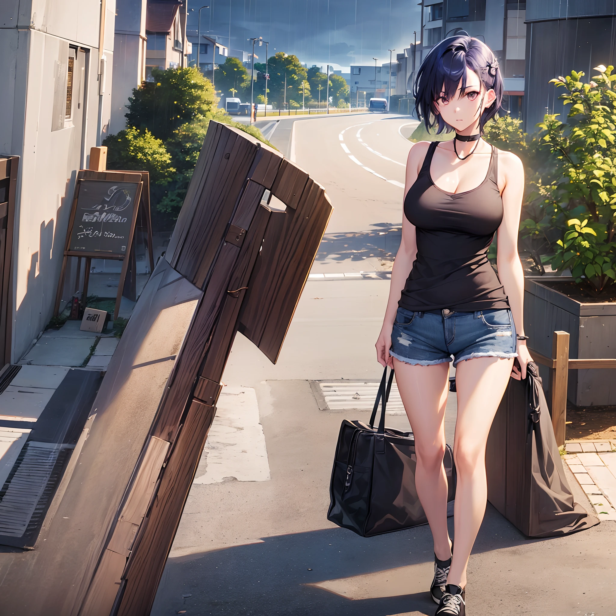 ( 1 girl ), dark blue hair, cool looking woman, short hair, tomboy, mature woman, expressive eyes, (hetero chromaia eyes) , (((perfect female proportions))), (very large breasts), (women tank top, v-neck), (casual shorts, black), long legs, skinny legs, slim hips, wear Converse shoes, tomboy, milfication, mature female, casual clothes, (masterpiece) , (best quality) , lonely musician girl, artistic, inspired, golden hour, warm, rain, reflections, Yuumei, lunism, ethereal, Makoto Shinkai