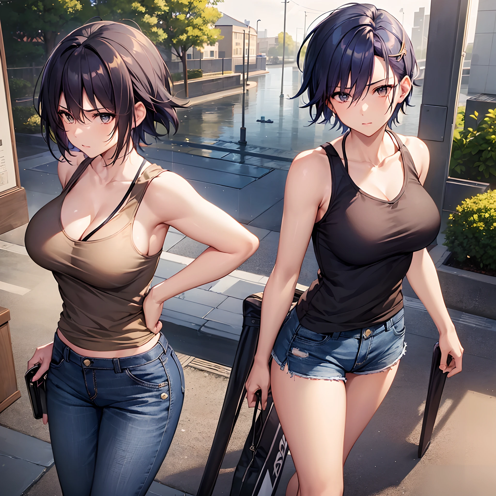 ( 1 girl ), dark blue hair, cool looking woman, short hair, tomboy, mature woman, expressive eyes, (hetero chromaia eyes) , (((perfect female proportions))), (very large breasts), (women tank top, v-neck), (casual shorts, black), long legs, skinny legs, slim hips, wear Converse shoes, tomboy, milfication, mature female, casual clothes, (masterpiece) , (best quality) , lonely musician girl, artistic, inspired, golden hour, warm, rain, reflections, Yuumei, lunism, ethereal, Makoto Shinkai