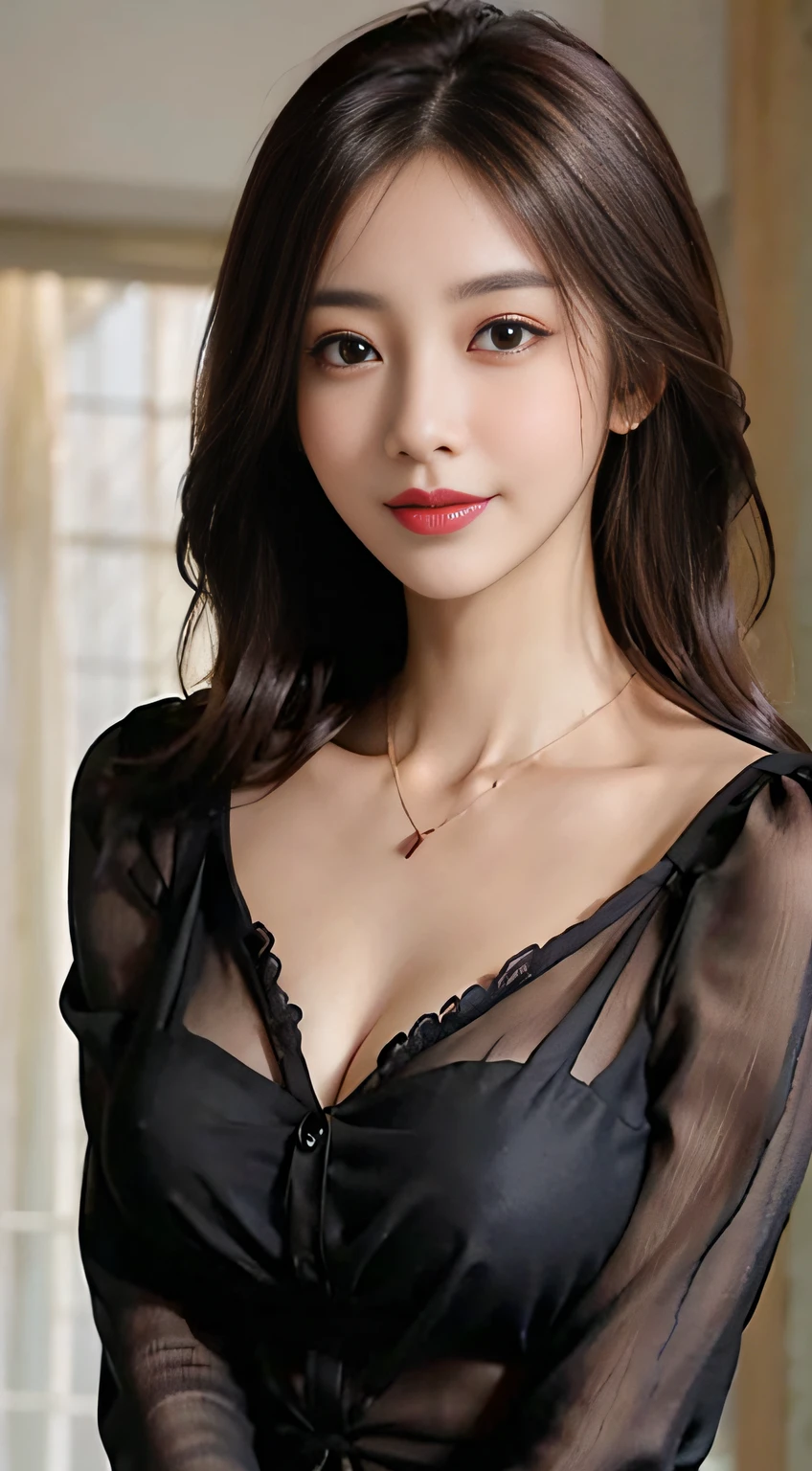 ((Brown Bob Hair))), (Louvre Museum), Pose Seductive, (A hyper-realistic), (Illustration), (Increased resolution), (8KUHD), (Extremely detailed), (Best Illustration), (Beautiful and detailed eyes), (Best Quality), (ultra-detailliert), (masutepiece ), ( Wallpaper), (Detailed face), Solo, 1人の女性, Fine details, Detailed face, Deep Shadows, lowkey, pureerosfaceace_v1, Smiling, 46 point slanted bangs、Dark red see-through blouse with collar、cleavage of the breast、Big necklace、large earring、Laughing、