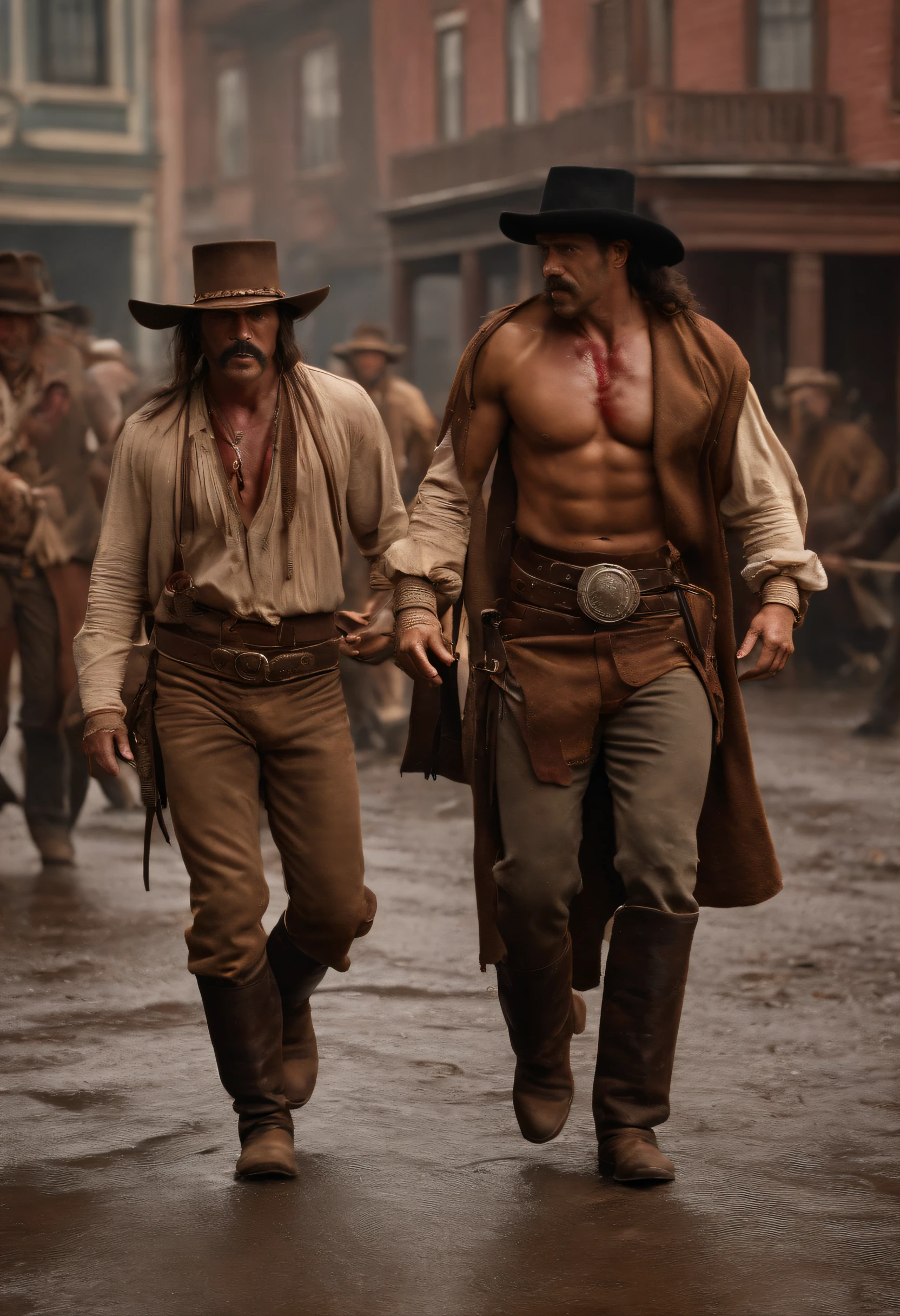 The Wild West. Fight on the street near the saloon.Overcast.Damp.dirty.Four are fighting.full length. Red Indian,body builder body,nude torso,Two cowboys with torn shirts, Wearing hats.Everyone's face is covered in blood.8K Image Quality,tmasterpiece, Precise detailing.