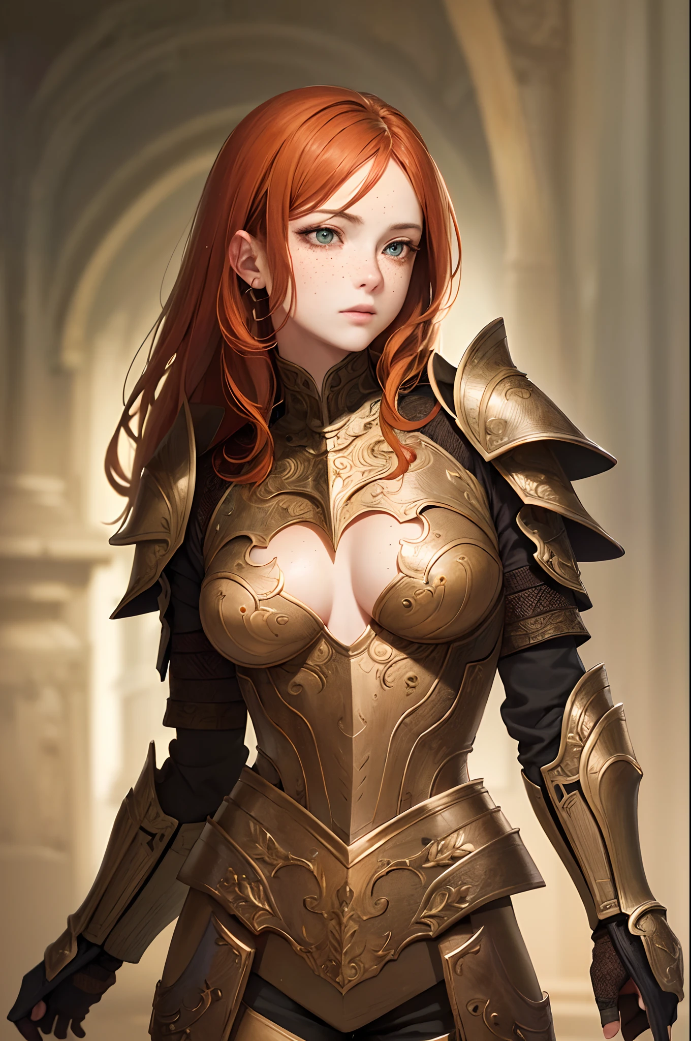 masterpiece, (realistic), highres, highly detailed, intricate, beautiful woman, Orange Long, Green eyes, freckles, detailed face, knight, Red and Black armor.