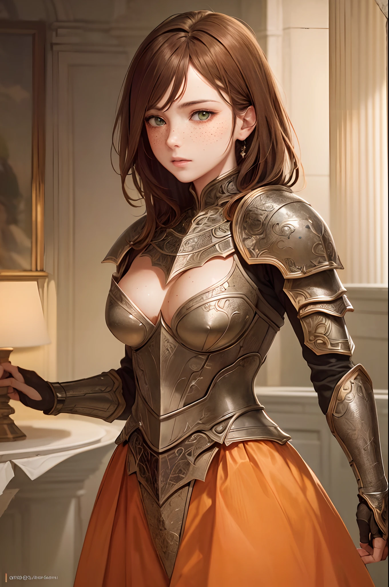 masterpiece, (realistic), highres, highly detailed, intricate, beautiful woman, Orange Long, Green eyes, freckles, detailed face, knight, Red and Black armor.