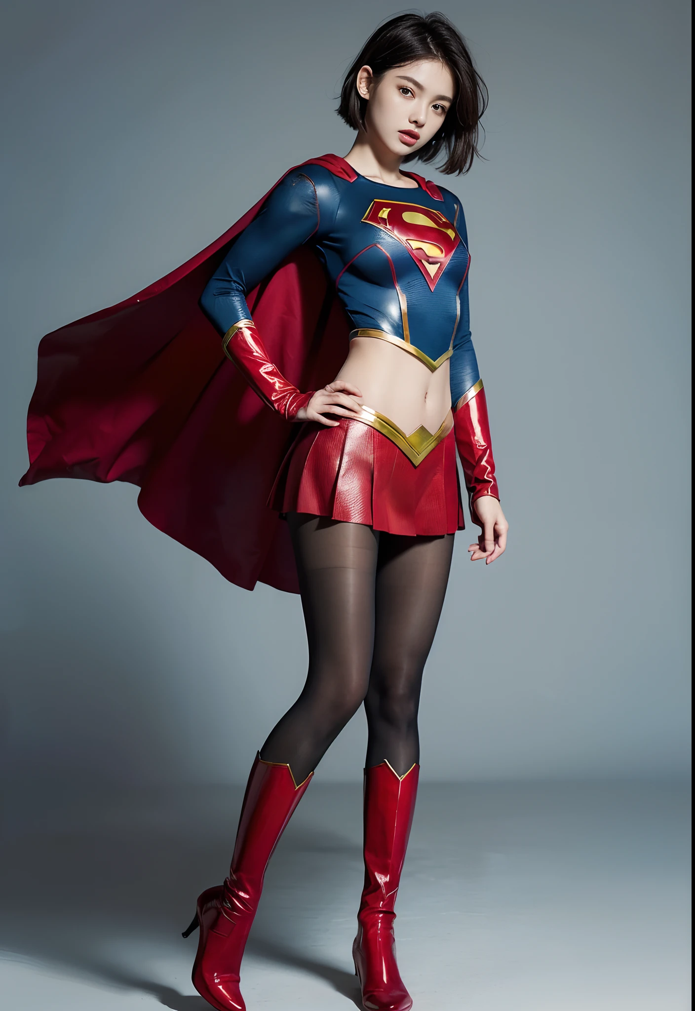 japanes、Cute Beautiful Girl、(((Wear black tights on your beautiful legs.)))、(((beauty legs)))、(((Painful look)))、((((Make the most of the original image)))、(((Supergirl Costume)))、(((Beautiful short hair、The hair)))、(((Suffering)))、(((Feet must necessarily be worn with black tights)))、(((You need to wear red boots)))、((Top image quality、8K))、((top-quality、8K、masterpiece:1.3))、(((Keep your background simple)))、Crisp focus:1.2、Beautiful woman with perfect body shape:1.4、Slender Abs:1.2、a wet body:1.5、Highly detailed facial and skin texture、8K、Keep your background simple