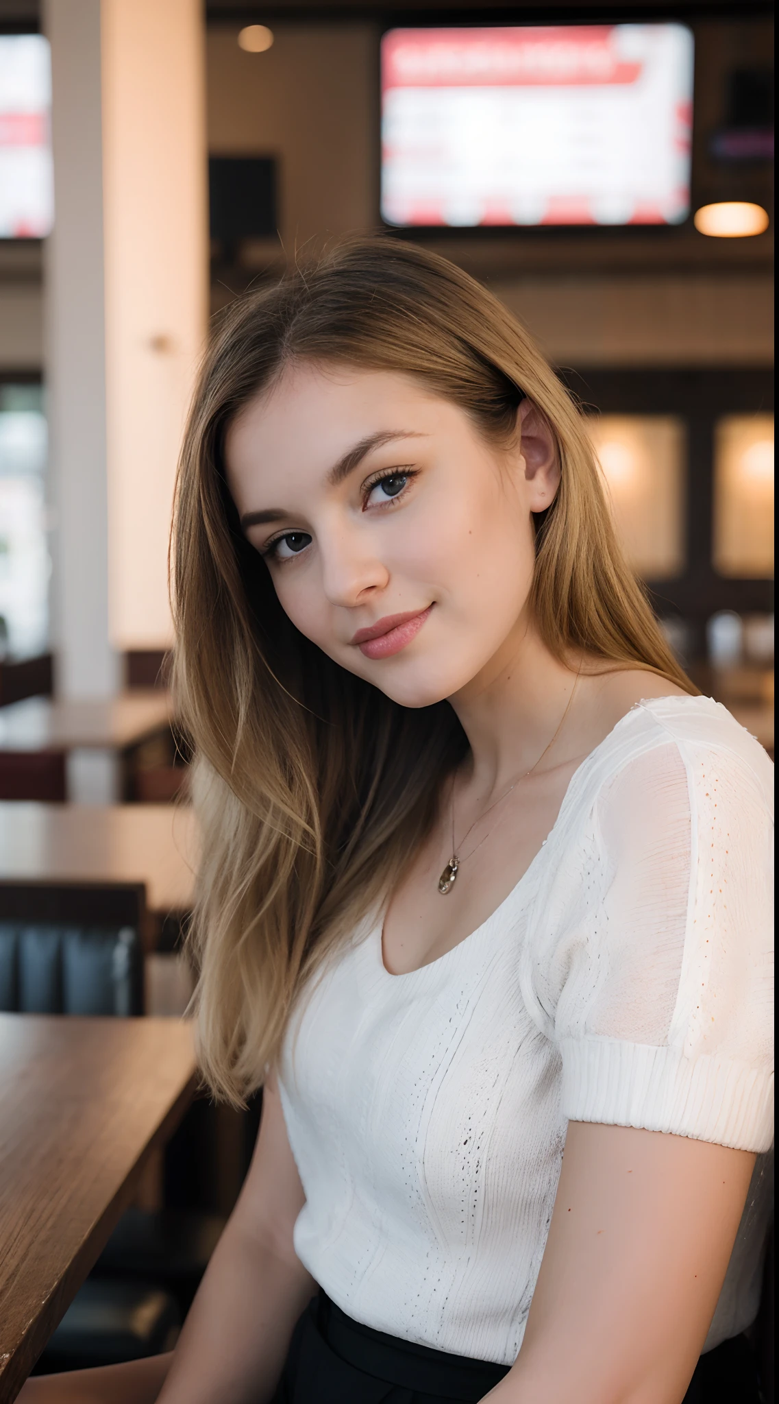 A cute blonde woman with dark theme, sitting in a restaurant, close-up, dominant girl.