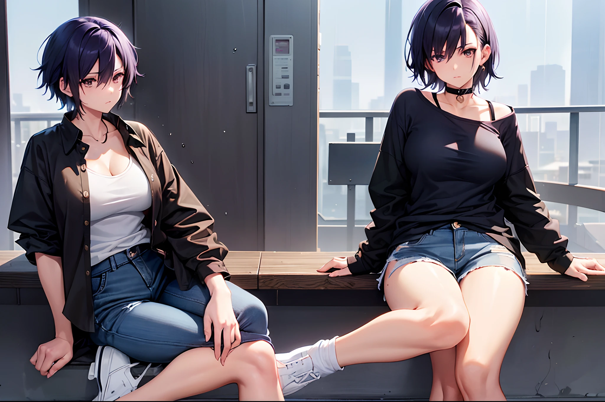 ( 1 girl ), dark blue hair, cool looking woman, short hair, tomboy, mature woman, expressive eyes, (hetero chromaia eyes) , (((perfect female proportions))), (very large breasts), (Open shirt, oversized white shirt), and women tank top, with casual shorts, long legs, skinny legs, slim hips, wear Converse shoes, tomboy, milfication, mature female, casual clothes, (masterpiece) , (best quality) , lonely musician girl, artistic, inspired, golden hour, warm, rain, sad, 💧, luminism, ethereal, Makoto Shinkai, Yuumei, Krenz Cushart