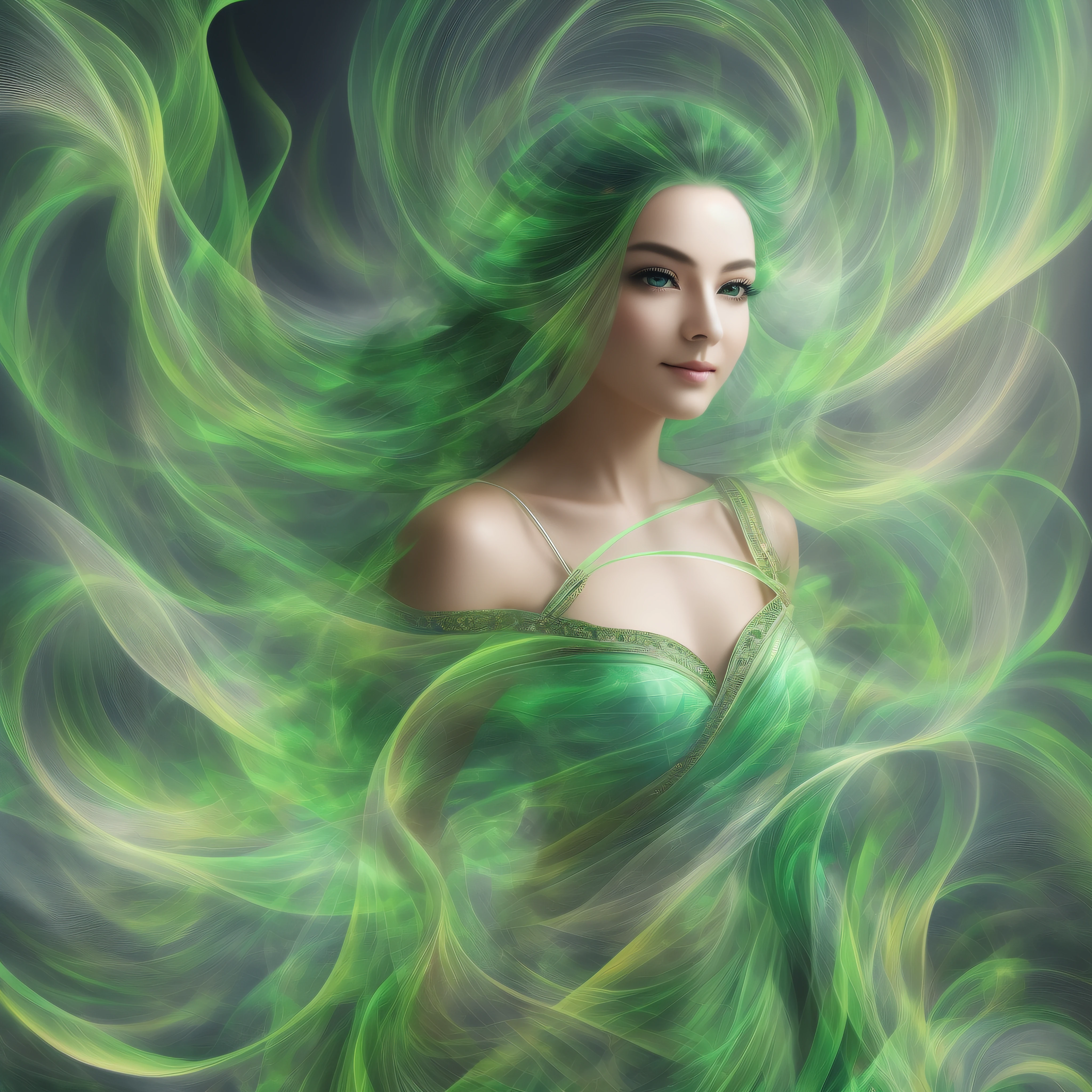 Generate captivating images of wind spirits. Let her exude an aura of grace: a mystical robe of flowing green air with vitality and freshness, a swirling air swirl and a hint of magic in her eyes. Photorealistic, Masterpiece, Top Quality, Super Detail, HDR, 8K