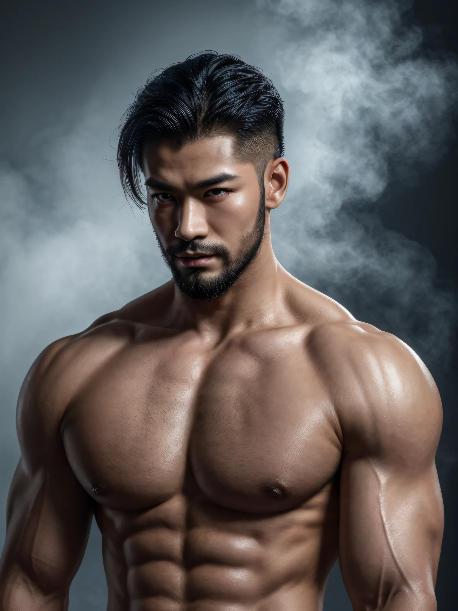 (ultra-realistic, highres ,best quality, masterpiece:1.2), portrait waist up view, Chinese man with blue mists surrounding him, detailed facial features, detailed eyes, long eyelashes, thin lips, scruff, muscular physique, wide shoulders, hairy chest, strong and masculine, hunk, stylish hair, simple background, photo studio, dramatic lighting