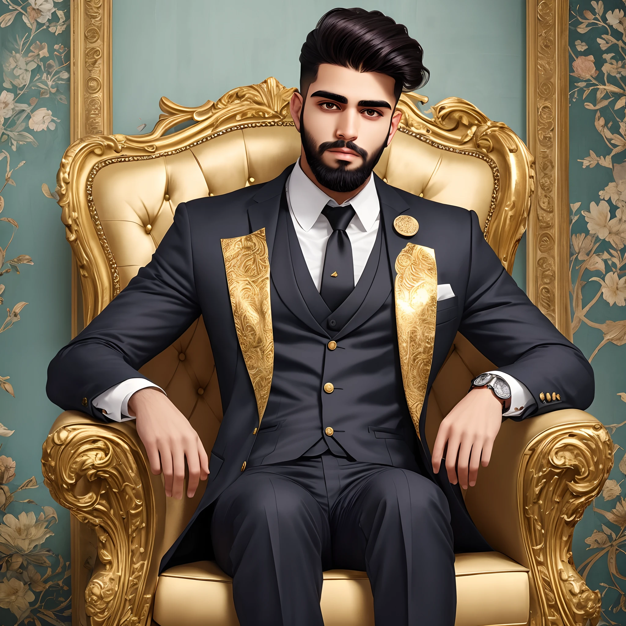 Pakistani beard young man 25 years old wearing black suit portrait ultra realistic, sit in gold color sofa, luxury home background ultra HD 8k --auto --s2