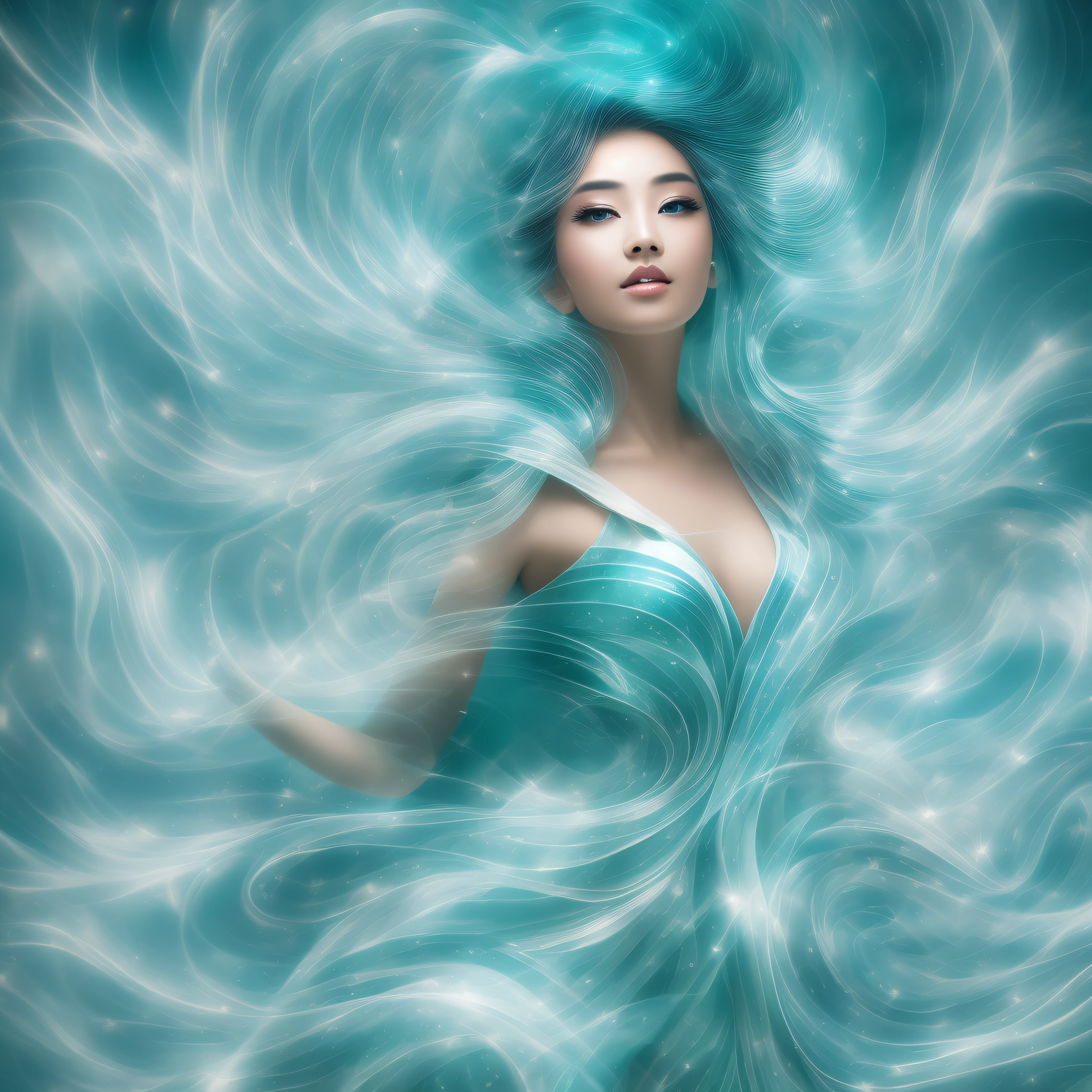 Generate captivating images of wind spirits. Let it have an element of elegance such as a flowing mysterious robe that mixes pure clear light blue air with green air with vitality and freshness, a swirling air vortex, and a hint of magic in her eyes. Photorealistic, Masterpiece, Top Quality, Super Detail, HDR, 8K