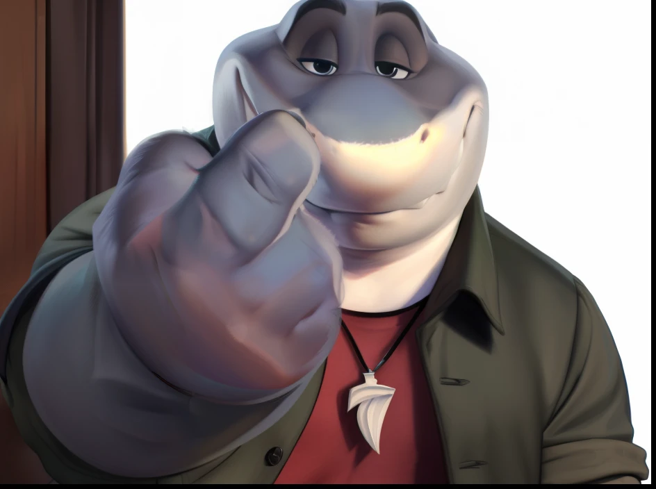 mr shark, plump, fat, belly, black eyes, (pose:1.3), (posing:1.3), (soft shading), 4k, hi res, five fingers, detailed hands, ((detailed face, (detailed eyes:1.0), detailed)), (full body), by zackarry911, by zaush, (by personalami:0.5),  looking at viewer, shirt, 1boy, jacket, male focus, open clothes, pants, red shirt, dog tags, green pants, giant head, huge head, big head, showing middle finger