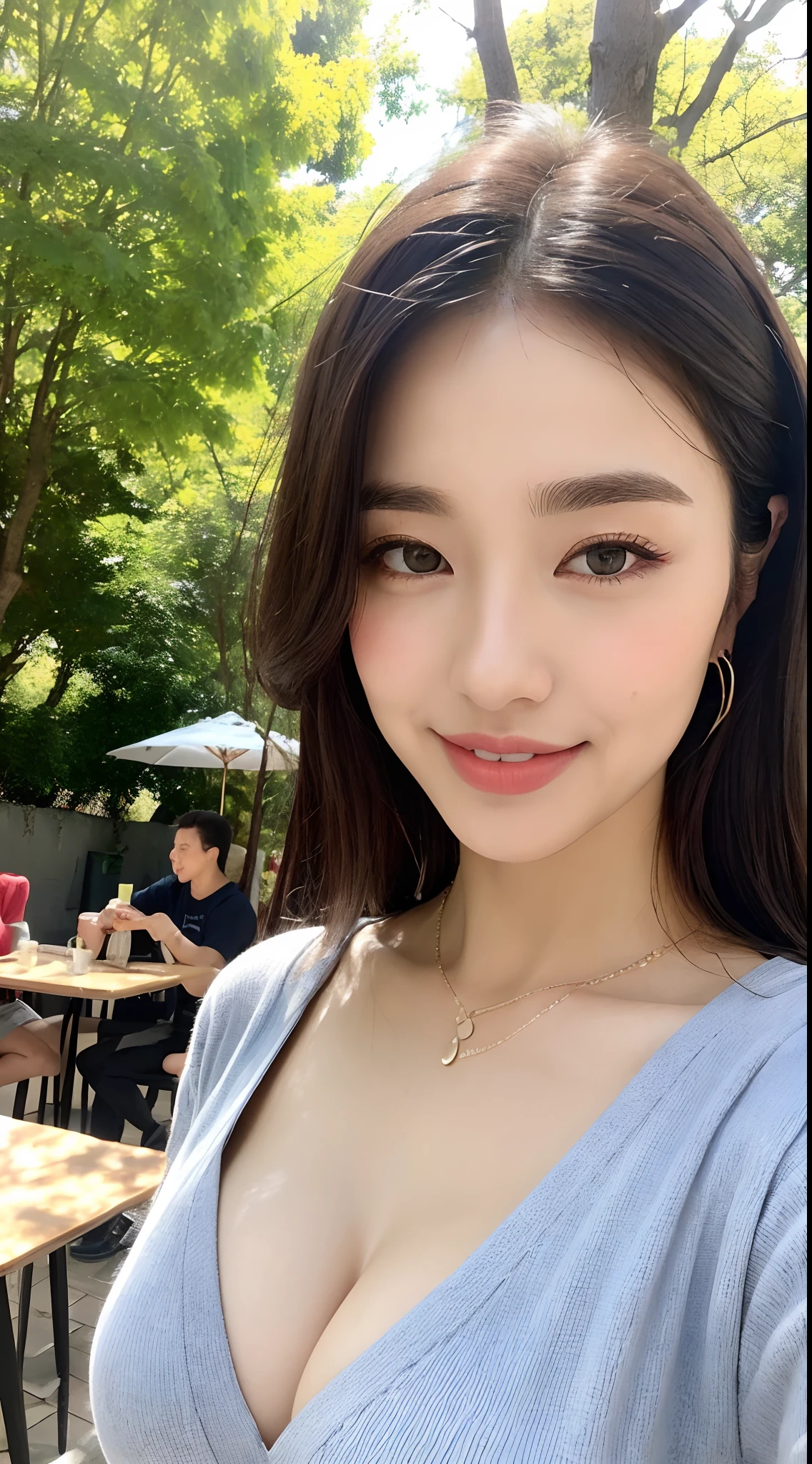 ((Best Quality, 8K, Masterpiece: 1.3)), Upper Body (1.3), Colossal (5), Outstanding Style, Gentle Face, Parallel Eyebrows, Smile, Natural Makeup, Clothes that emphasize cleavage, During the morning commute, Refreshing, Eat lunch at a café in the sun through the trees