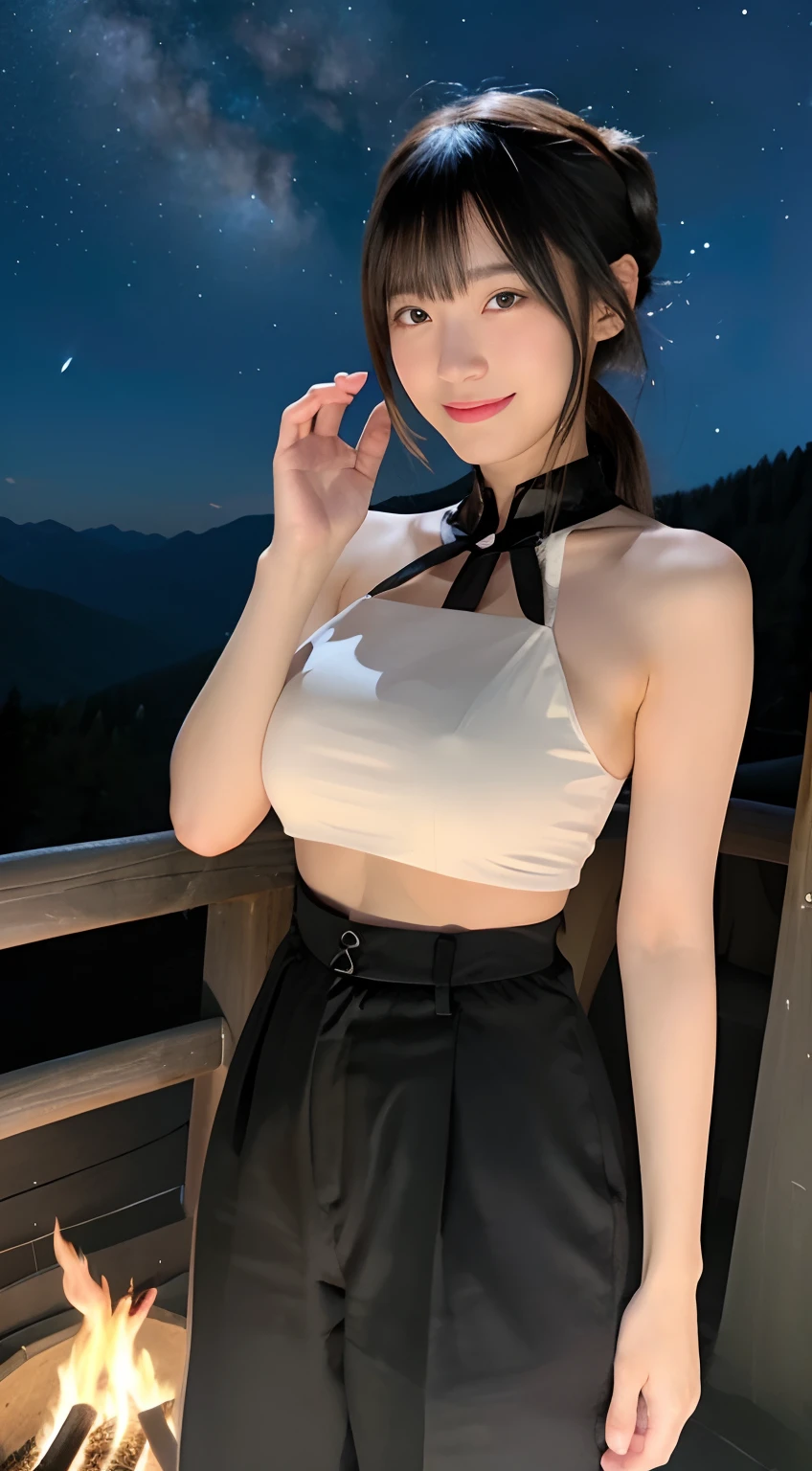 (top-quality,8K,masterpiece:1.3,),(超A high resolution,Photorealsitic:1.4,Raw photography),(ultra-detailliert,shinny skin,Delicate skin),(Detailed face,Perfect Anatomy,Caustics),(Playing a bonfire in the mountains),kawaii,18year old,japanes,Japanese ido,smil,Looking at the camera,A dark-haired,Short ponytail,large boob,(Mountain Parker),long trousers,espadrilles,deep in the night,Stars in the night sky