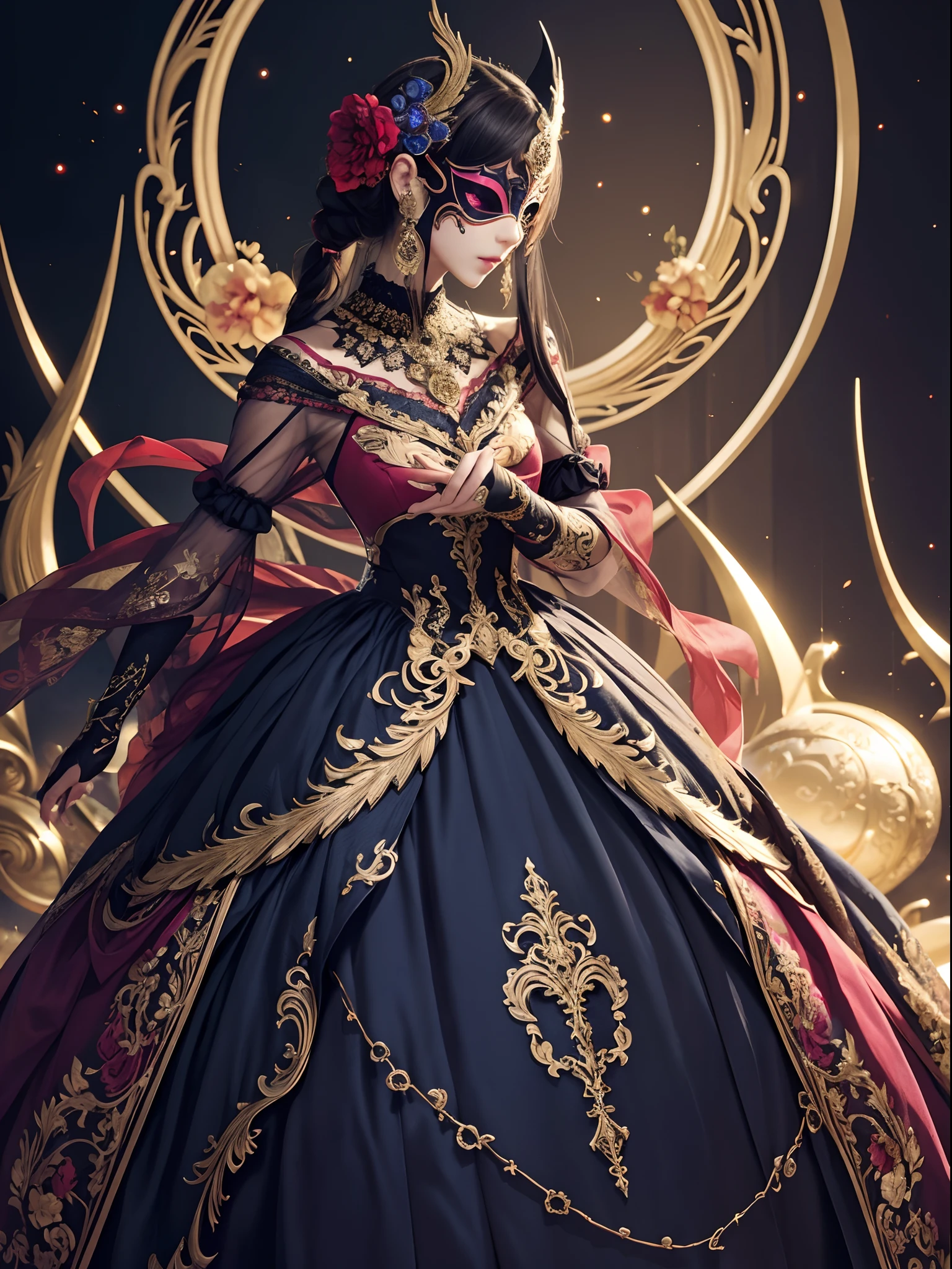 Vibrant colors、Best Quality, master piece、aesthetics、The body is unknown、Mysterious、Official Art、Masquerade、Elegance、A mask that covers most of the face、Colorful and detailed mask decoration、elegance、elegance、gorgeous、refinement、detailed environment, (Best Quality, Ultra-detailed, Realistic:1.37)、gorgeous dress、jewely、Dynamism、thirds rule、Perfect Angle、perfect-composition。full body Esbian