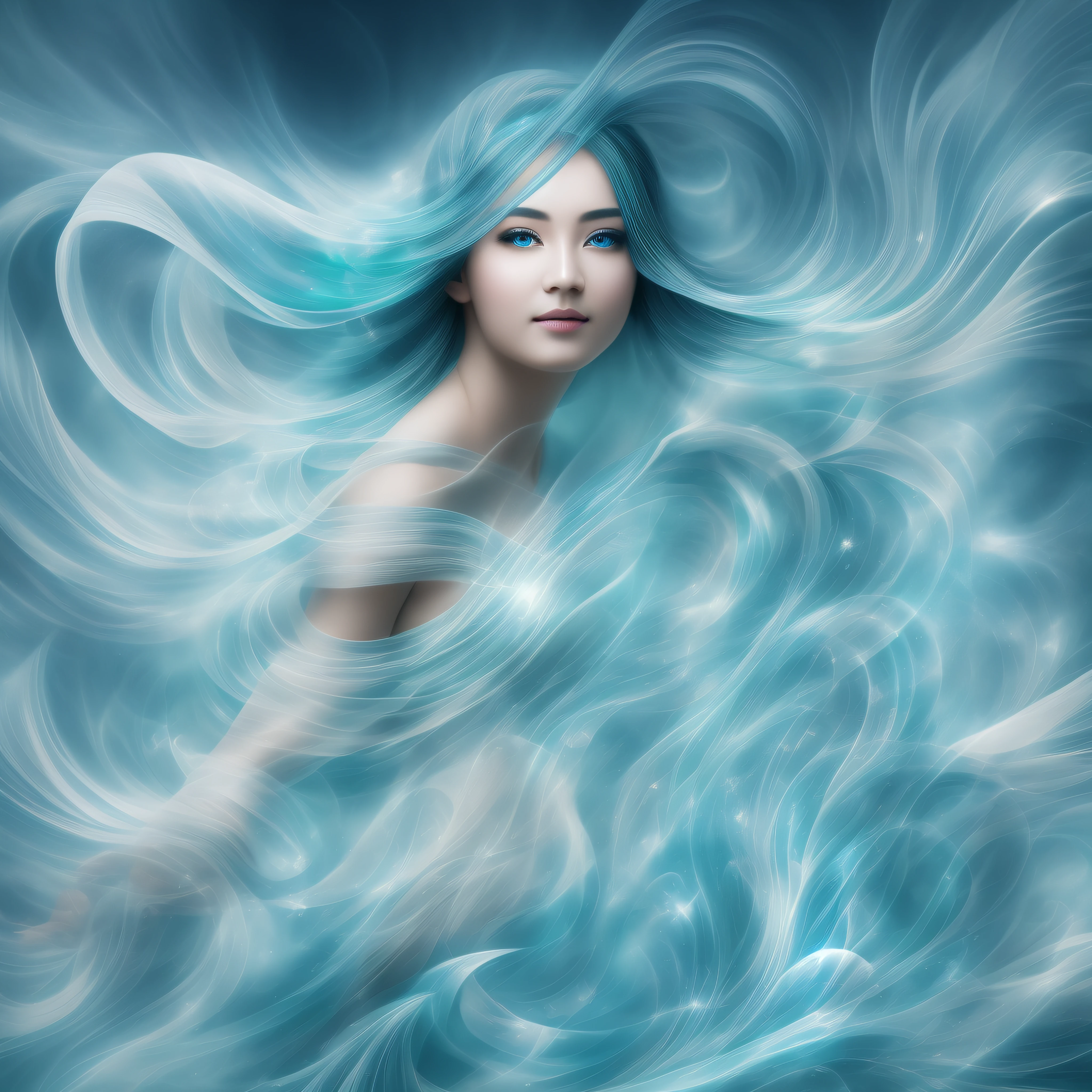 Generate captivating images of wind spirits. Let it have an element of elegance such as a flowing mysterious robe that mixes pure clear light blue air with green air with vitality and freshness, a swirling air vortex, and a hint of magic in her eyes. Photorealistic, Masterpiece, Top Quality, Super Detail, HDR, 8K